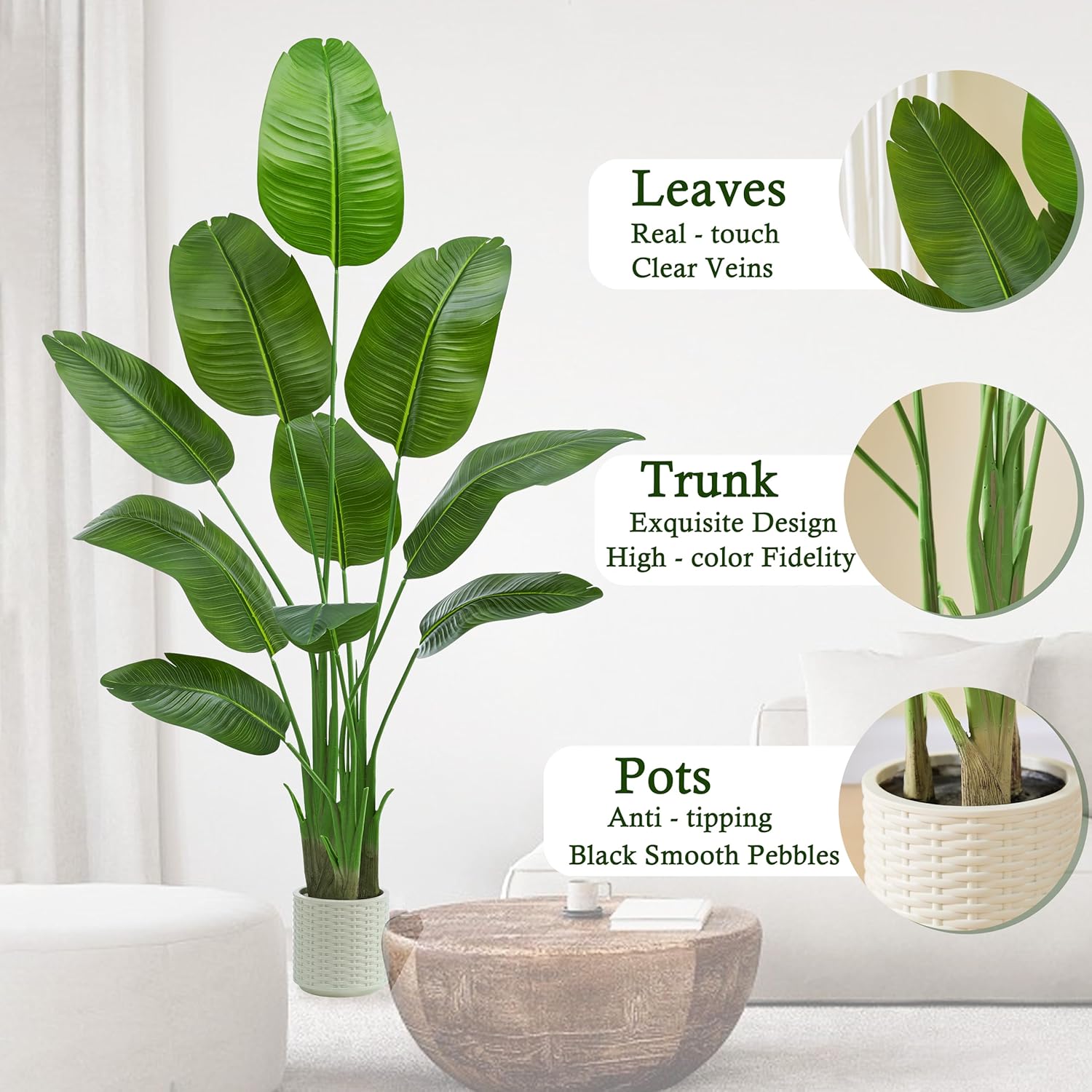 Artificial Bird of Paradise Plant: 6FT Faux Traveler's Palm Fake Banana Tree Elephant Ear Leaf Tall Silk Floor Plant in White Pot for Home Decor Indoor Office Entryway Balcony Patio Cafe Hotel