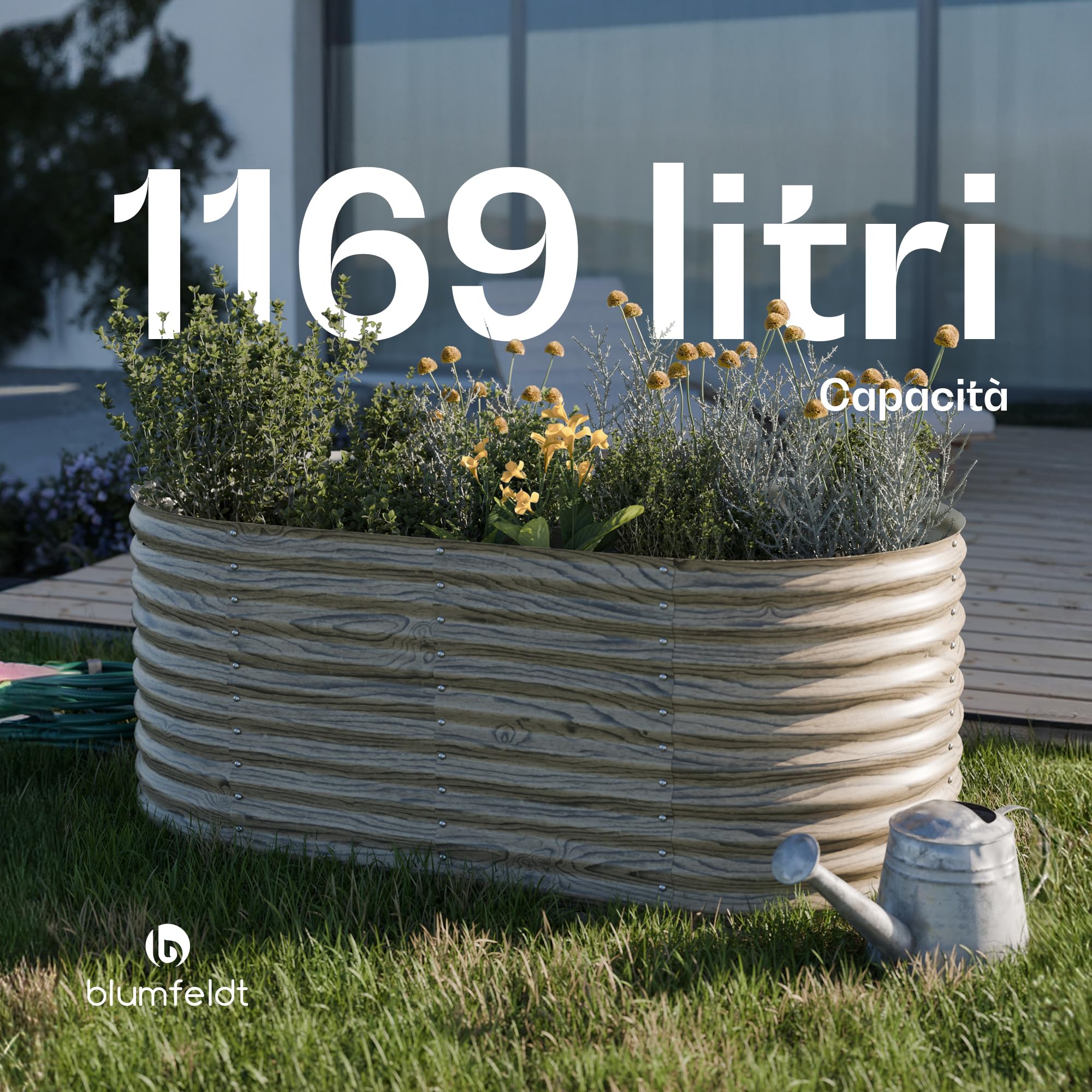 blumfeldt High Grow - Aiuola Rialzata da 1.169L, Fioriera Ovale in Acciaio Zincato Resistente alle Intemperie, Design Ergonomico & Facile Montaggio, Look Effetto Legno per Esterno