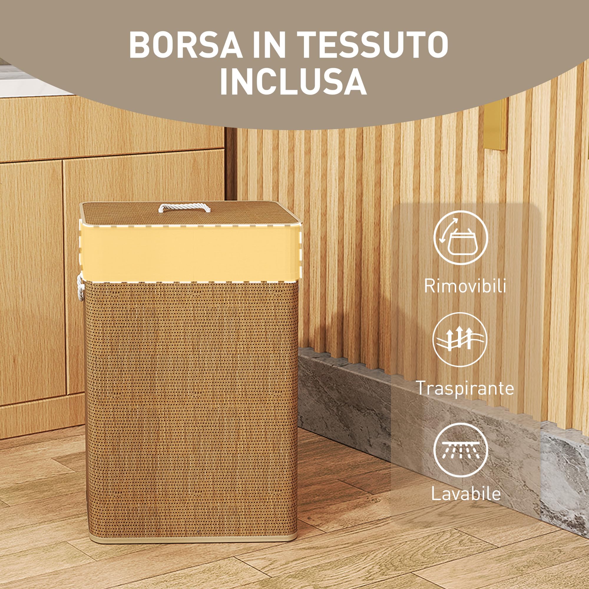 HOMCOM Cesto Portabiancheria da 72L con Coperchio, Cesta per Bucato in Bambù con Manici in Corda e Sacco Rimovibile e Lavabile, Marrone