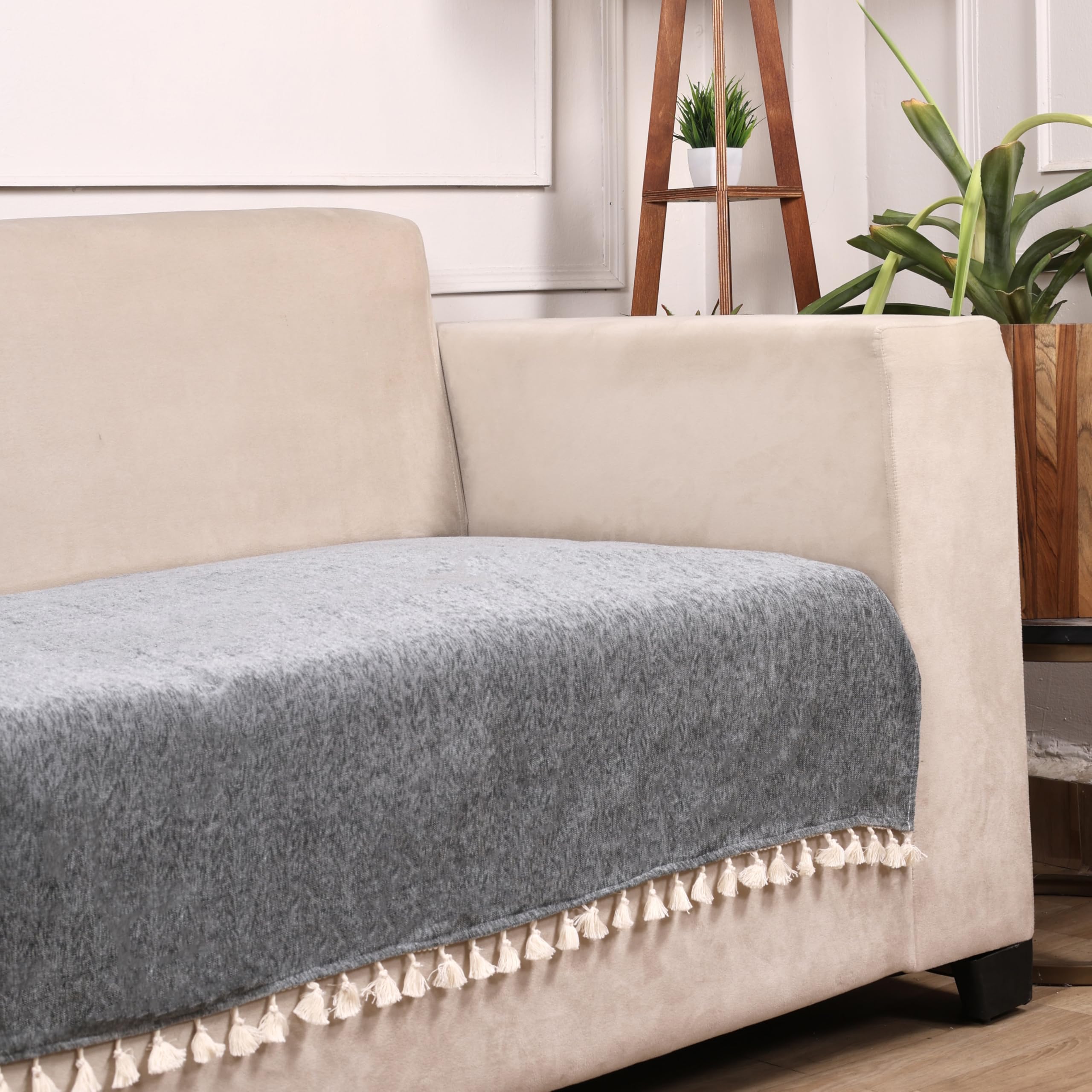 STITCHNEST Grey Chenille Sofa Cover 48x30 Inch – Soft, Durable & Textured Fabric with Tassels | Sofa for Living Room, Bedroom, or Drawing Room
