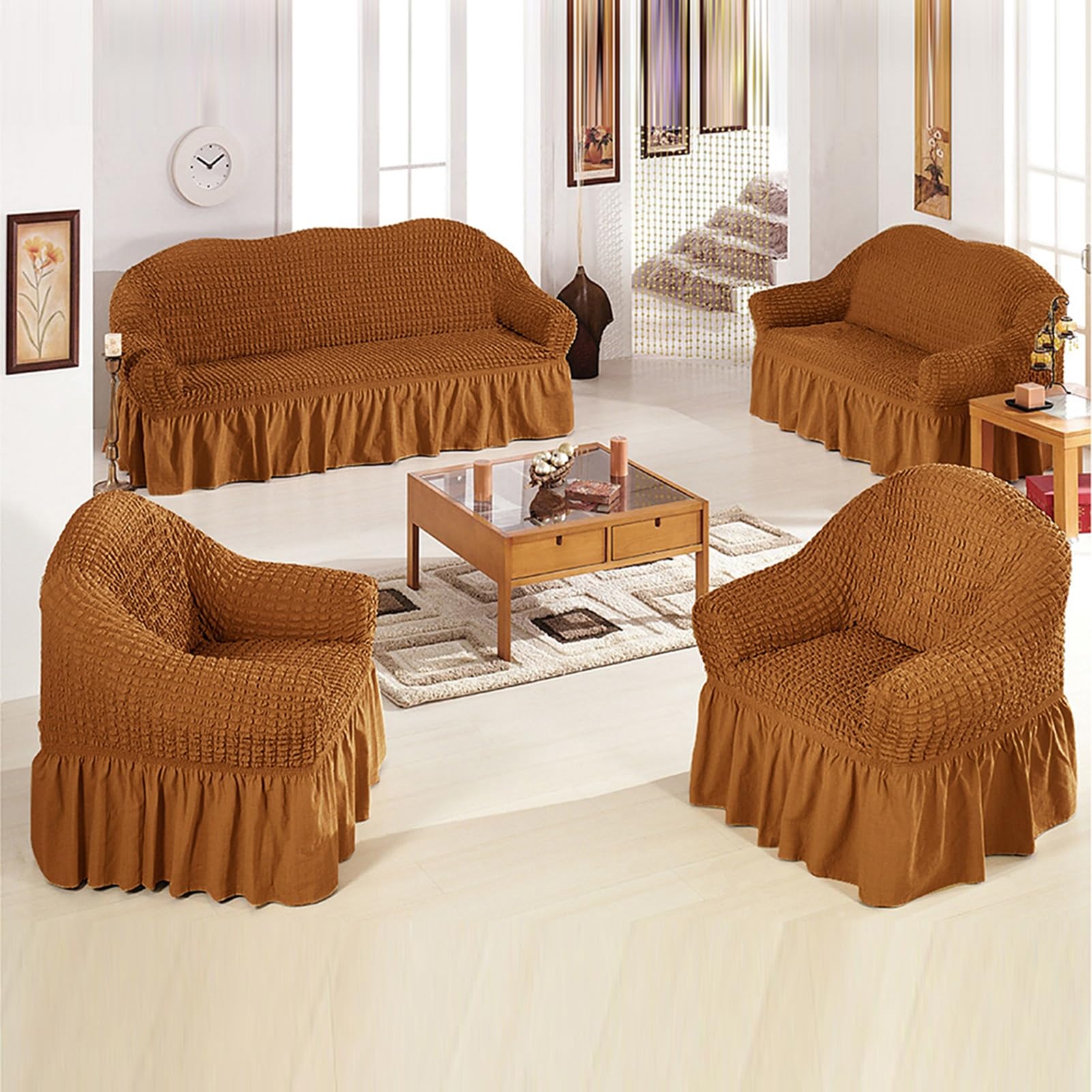 French style sofa protectors cove Thick short plush fabric Stretch Sofa Slipcovers Anti-slip Armrestless/armrest sofa cushion cover sofa cushion cover (Color : Light brown, Size : 2 seater/145-185cm
