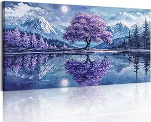 SERIMINO Tree of Life Large Wall Art, Fantasy Landscape Wall Decor, Purple Trees Canvas Painting, Snow Mountain Lake Modern Decor Prints, Moonlit Night Pictures Home Decor Living Room20 X40