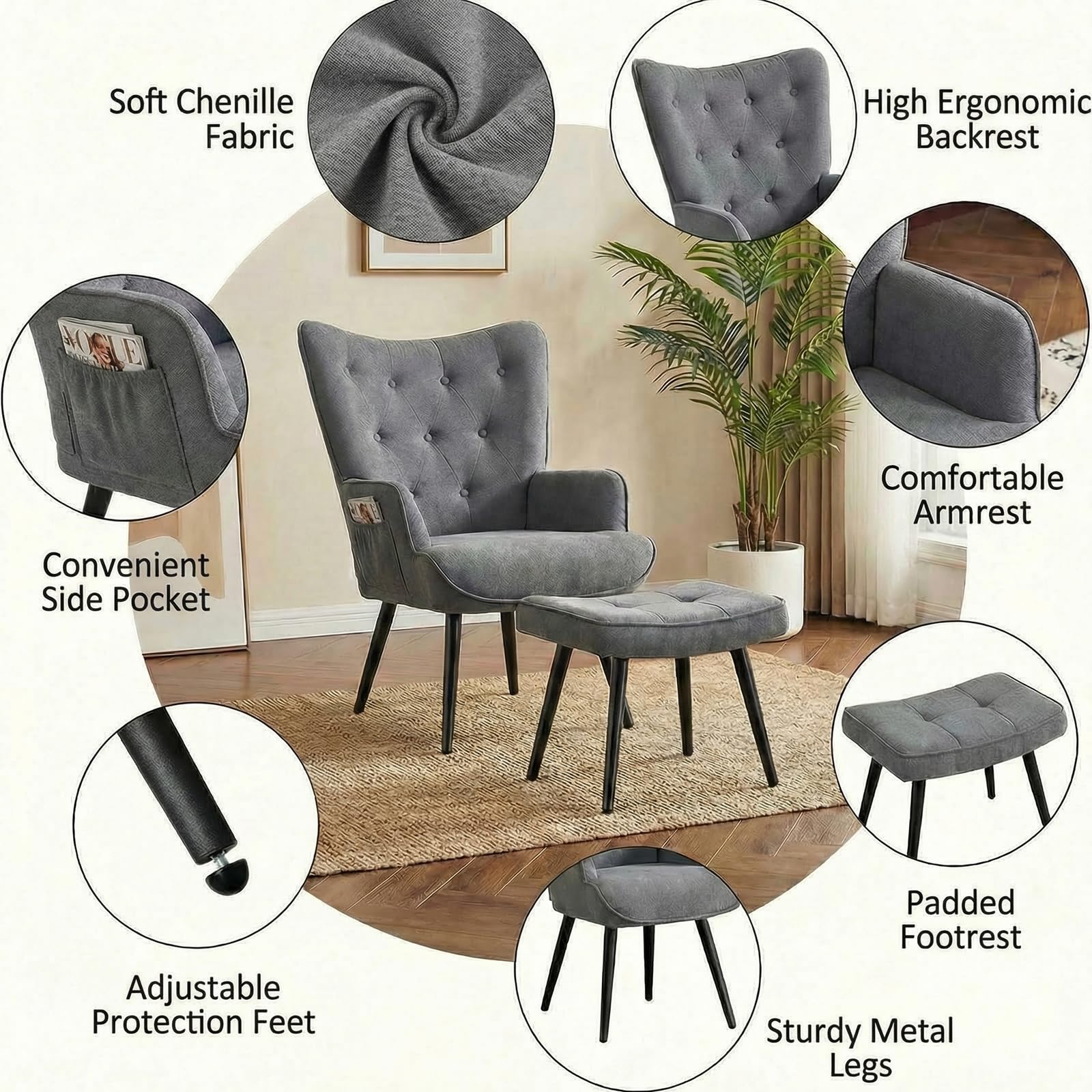 Clevich Poltrona Relax con Poggiapiedi, Fino a 168kg, Comoda Sedia da Lettura - Poltrone per Salotto, Camera & Dormitorio (Grigio)