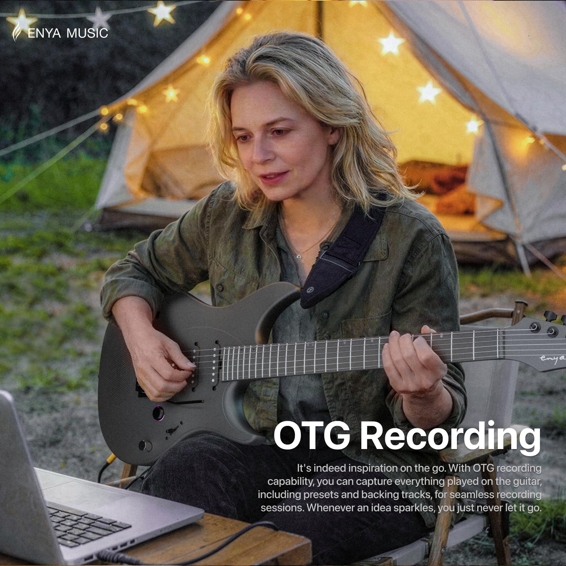 Enya Inspire 39" Smart E-Gitarre aus Kohlefaser mit 15W Wireless Lautsprecher | 20 Klang-Presets per App | Komplettset inkl. Gitarrentasche, Ladekabel & Zubehör