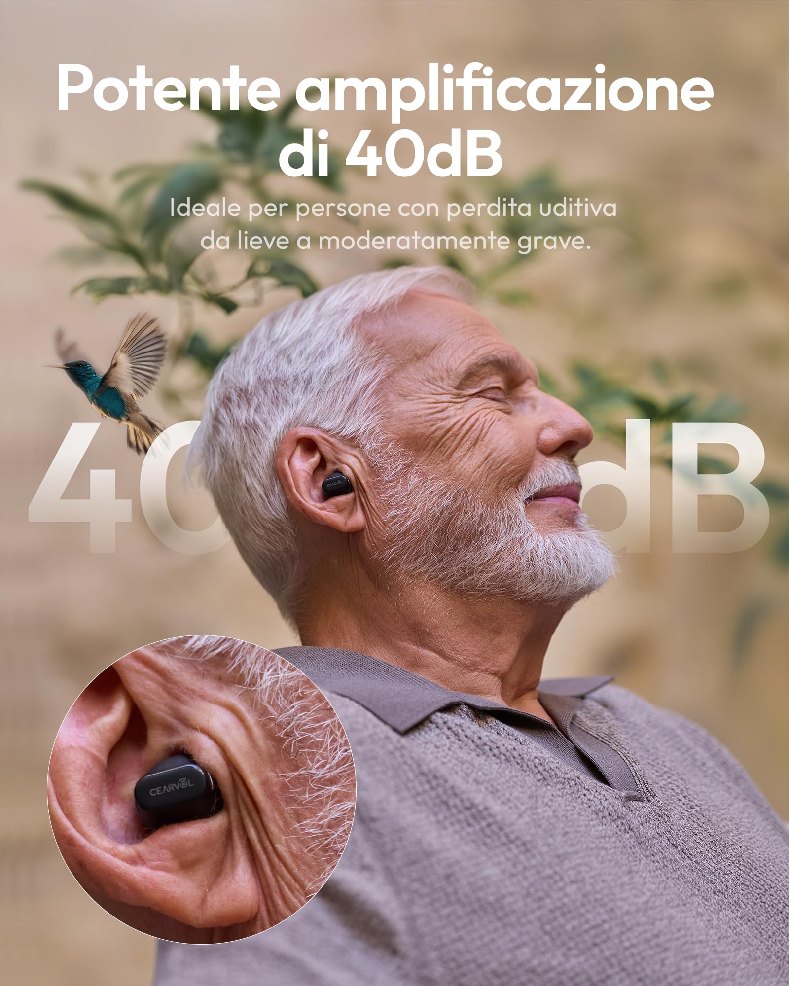 Wave Lite Amplificatore del Suono con App Control & AUX-IN, Potenziamento Vocale 40dB per Anziani, IA Riduzione Rumore, 3 Anni di Garanzia e Supporto, 8 Paia di Gommini