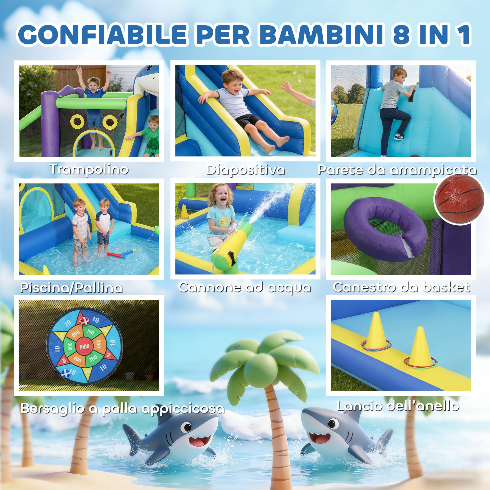 AIYAPLAY 8 in 1 Grande Castello Gonfiabile Bambini 3-8 Anni 405x345x235cm