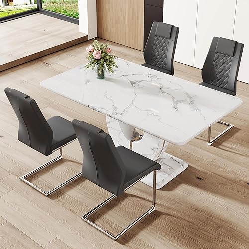 Miniatura 138 de JUFU Juego de mesa de comedor para 6 personas con sillas tapizadas de poliuretano, mesa y sillas de comedor de mármol sintético gris de 63 pulgadas,