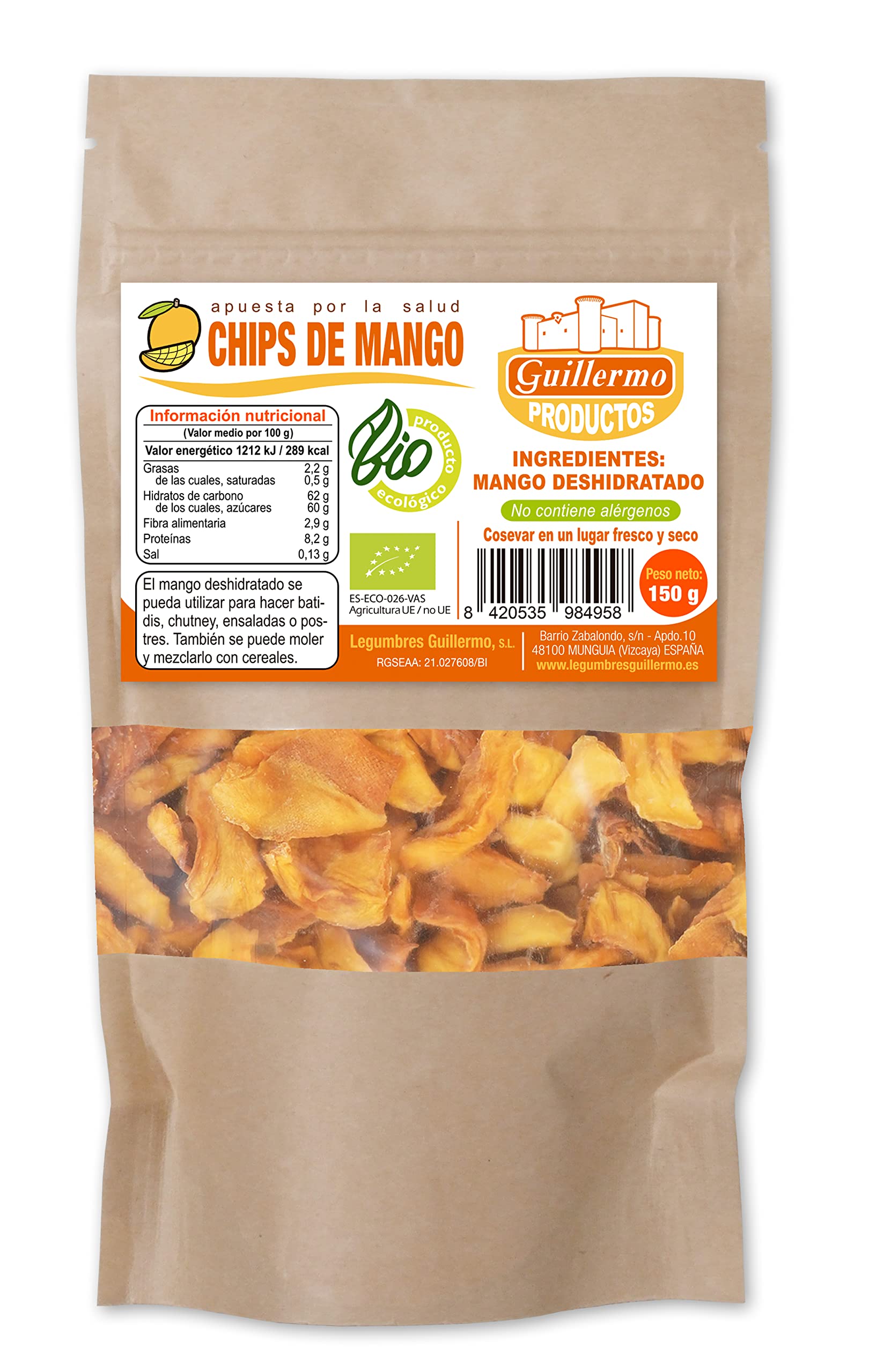 Guillermo | Mango deshidratado BIO - Doy pack 150g. | 100% ecológico | Contribuye a la salud cardíaca | Favorece la digestión | Previene el envejecimiento