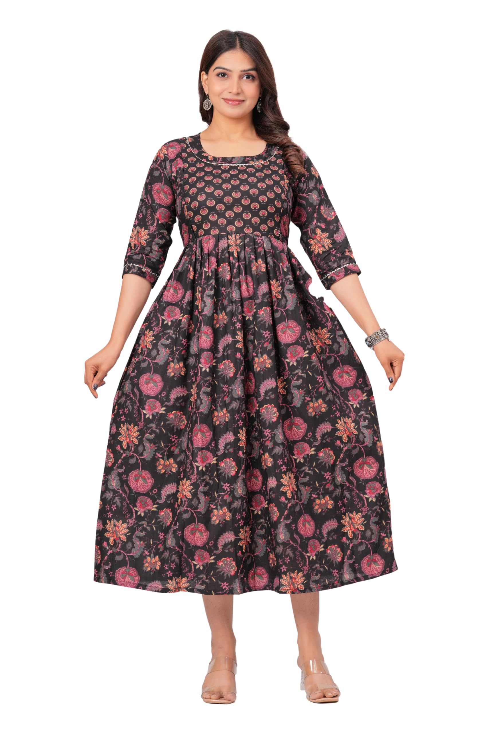 Women Cotton Anarkali Floral Printed Maternity Kurta Feeding Comfortable Kurta Zipper & Dress for Pregnant Women's Printed Feeding Dress for Women's. Black-image-20