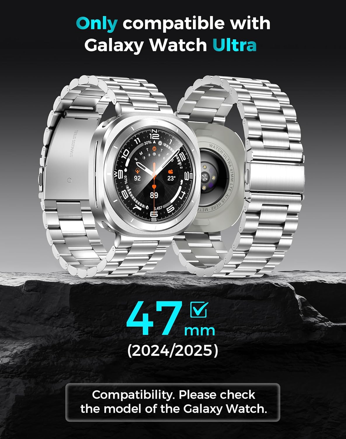 Goton Metal Watch Band Set for Samsung Galaxy Watch Ultra 47mm 2025/2024, Adjustable Strap + Stainless Steel Protective Bumper Frame Case + Hard PC Back Cover + HD Glass Screen Protectors