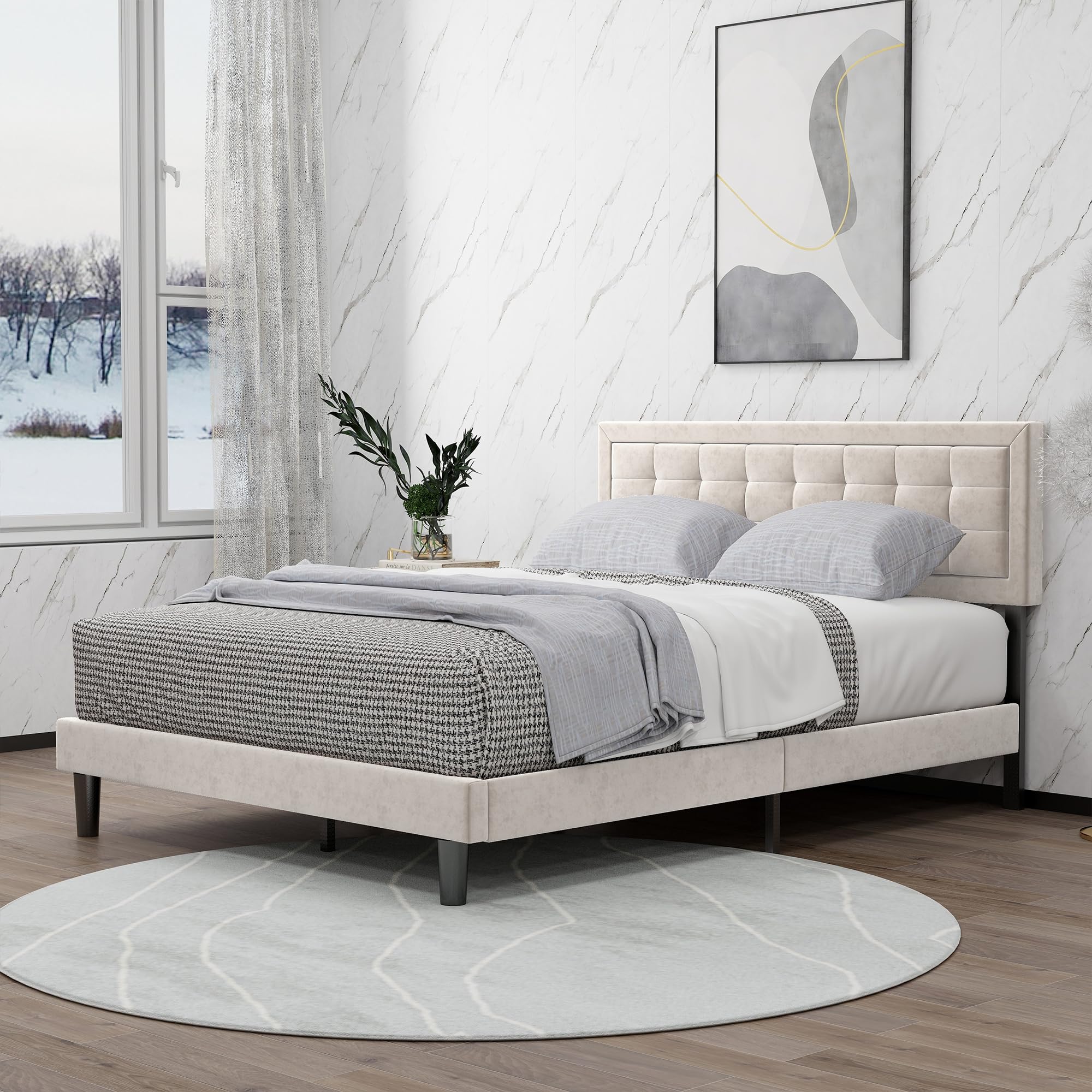 Queen Size Bed Frame Velvet Upholstered Platform with Adjustable Headboard Wood Slats Support No Box Spring Needed Easy Assembly Beige