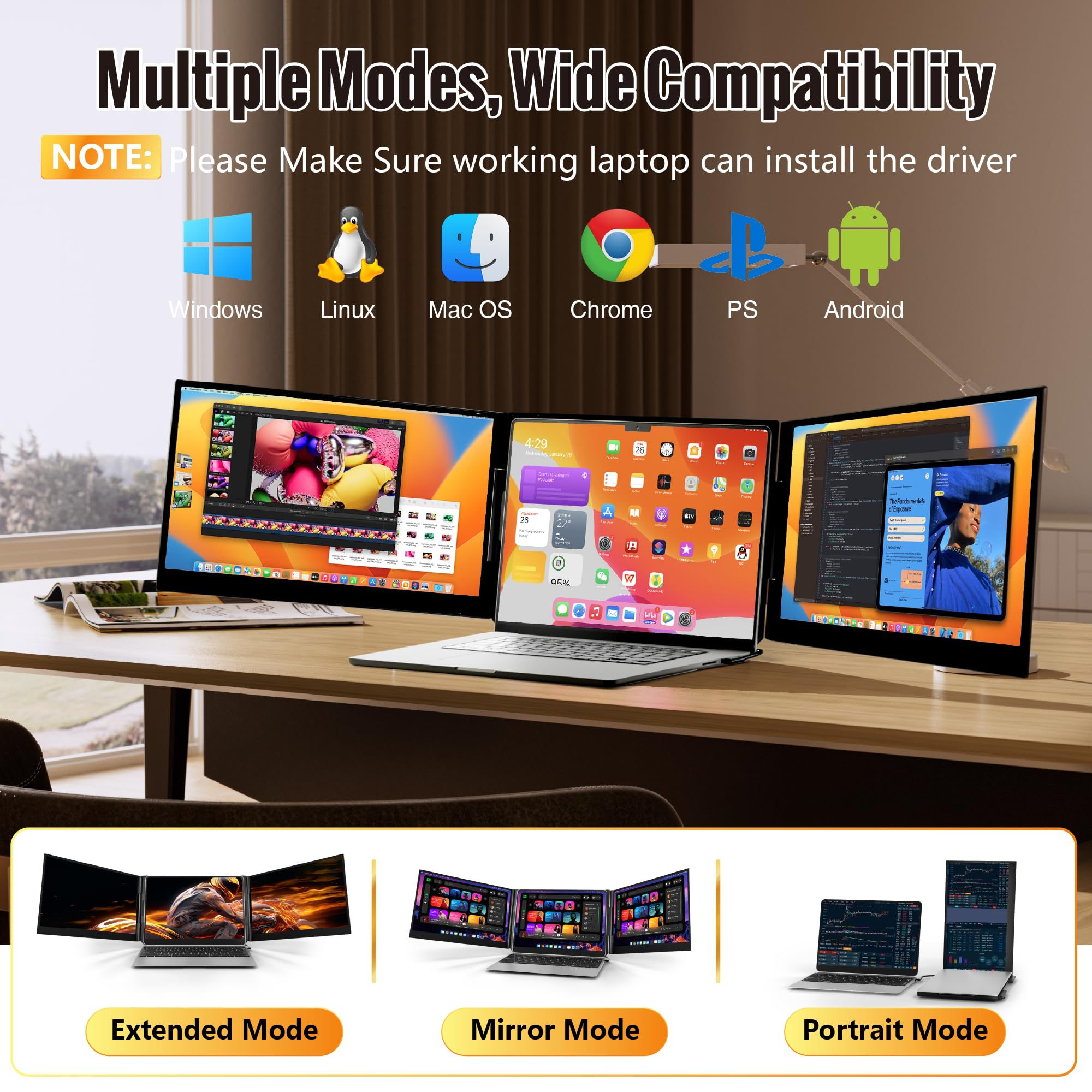 Cybotioe 2026 New One Cable Connection Laptop Screen Extender Monitor Portable, Ultra Thin 15.6" 1080P FHD Triple Screen,Fit for 13-17" Laptop, Plug & Play Compatiable with Win/Mac/Chrome/Android - 3