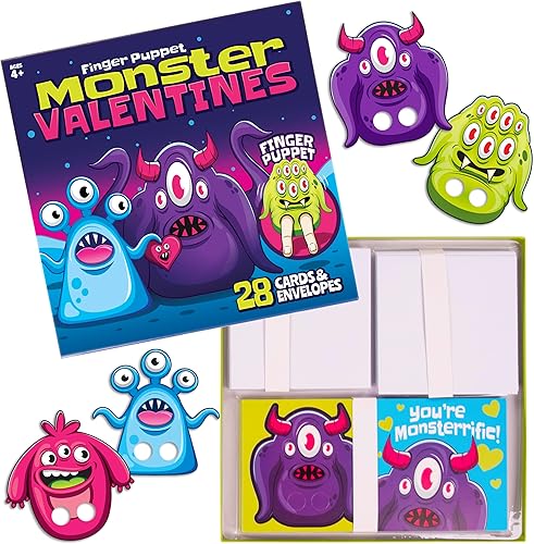 Paquete de 28 marionetas de dedo de monstruo con sobres, tarjetas de felicitación del día de San Valentín, juguetes a granel para fiestas, regalos