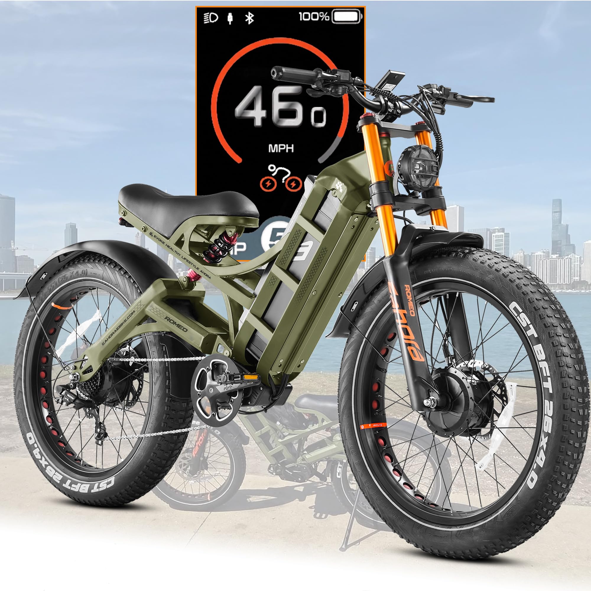 eAhora Romeo Pro 3/2 [2026] 46-50 Mph Electric Bike for Adults, Peak 5600W Dual Motor Ebike, 60V/52V 80Ah/70Ah 250 Miles Long Range E Bike, 26”*4.0 Fat Tire Air Full Suspension Off-Road E-Bike