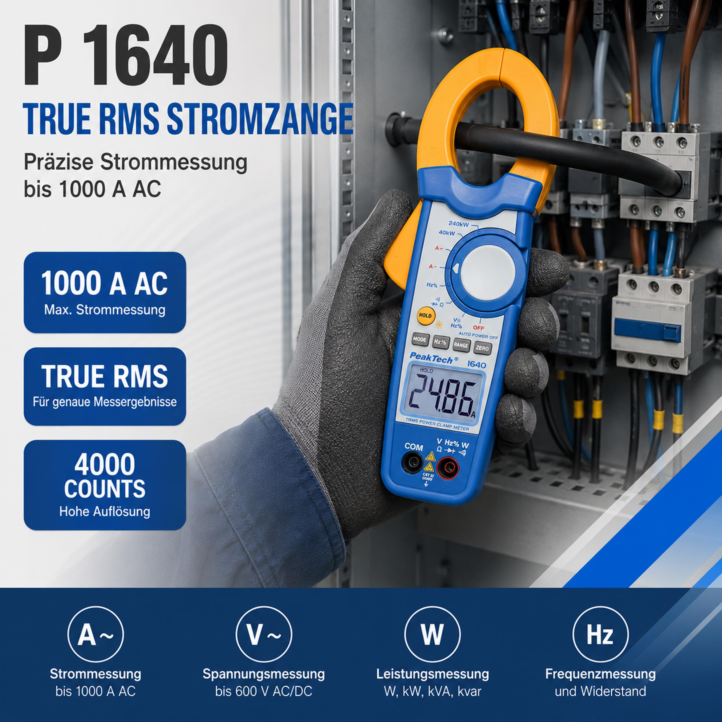 PeakTech P 1640 True RMS Stromzange 1000A AC DC und Digital Multimeter 4000 Counts mit Durchgangsprüfer - CAT III 600V, 1 Stück, Blau, Gelb, Weiß
