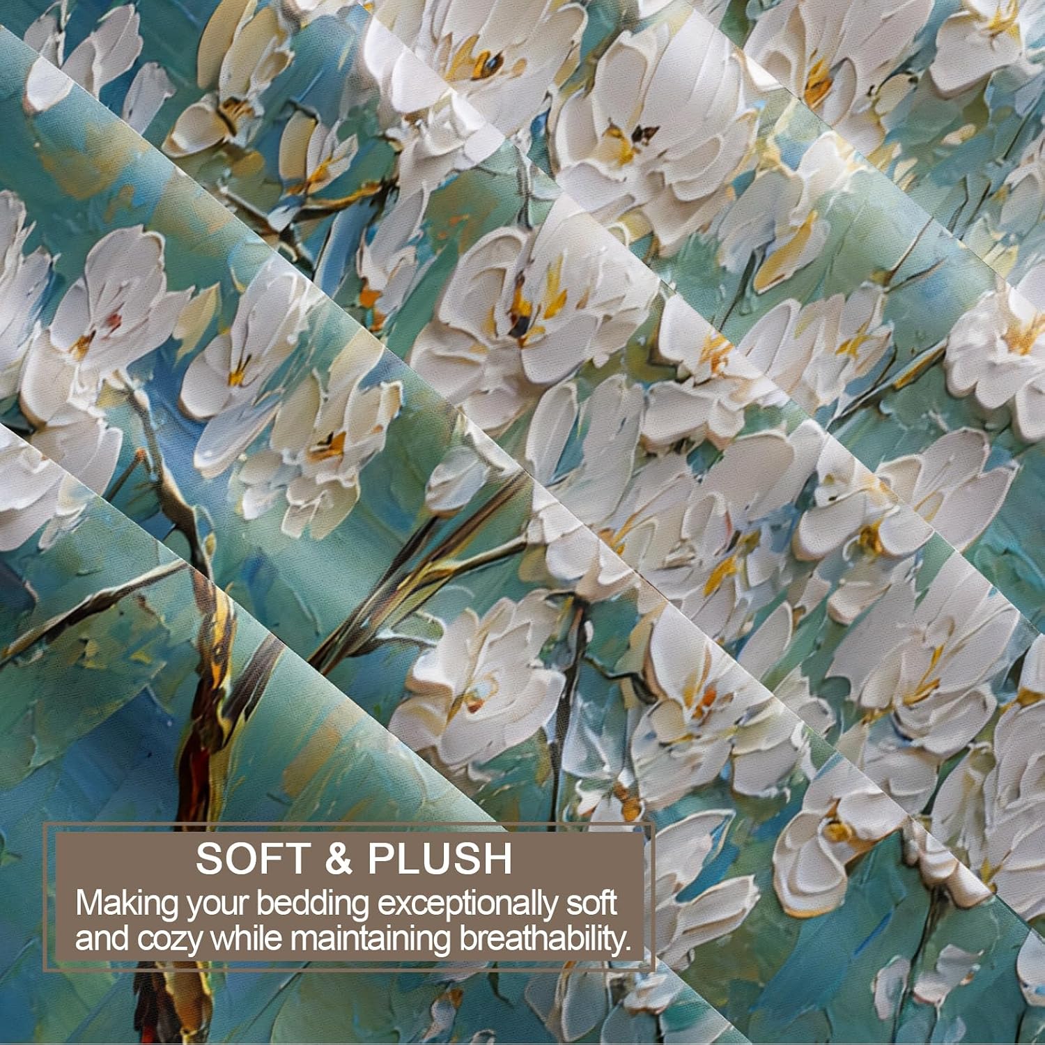 Queen Size Comforter Set with 2 Pillowcases, Floral Duvet Cover Oil Painting Almond Blossoms Bedding Set 3 Piece, Boho Turquoise Duvet Cover with Zipper Ties (NO Comforter)