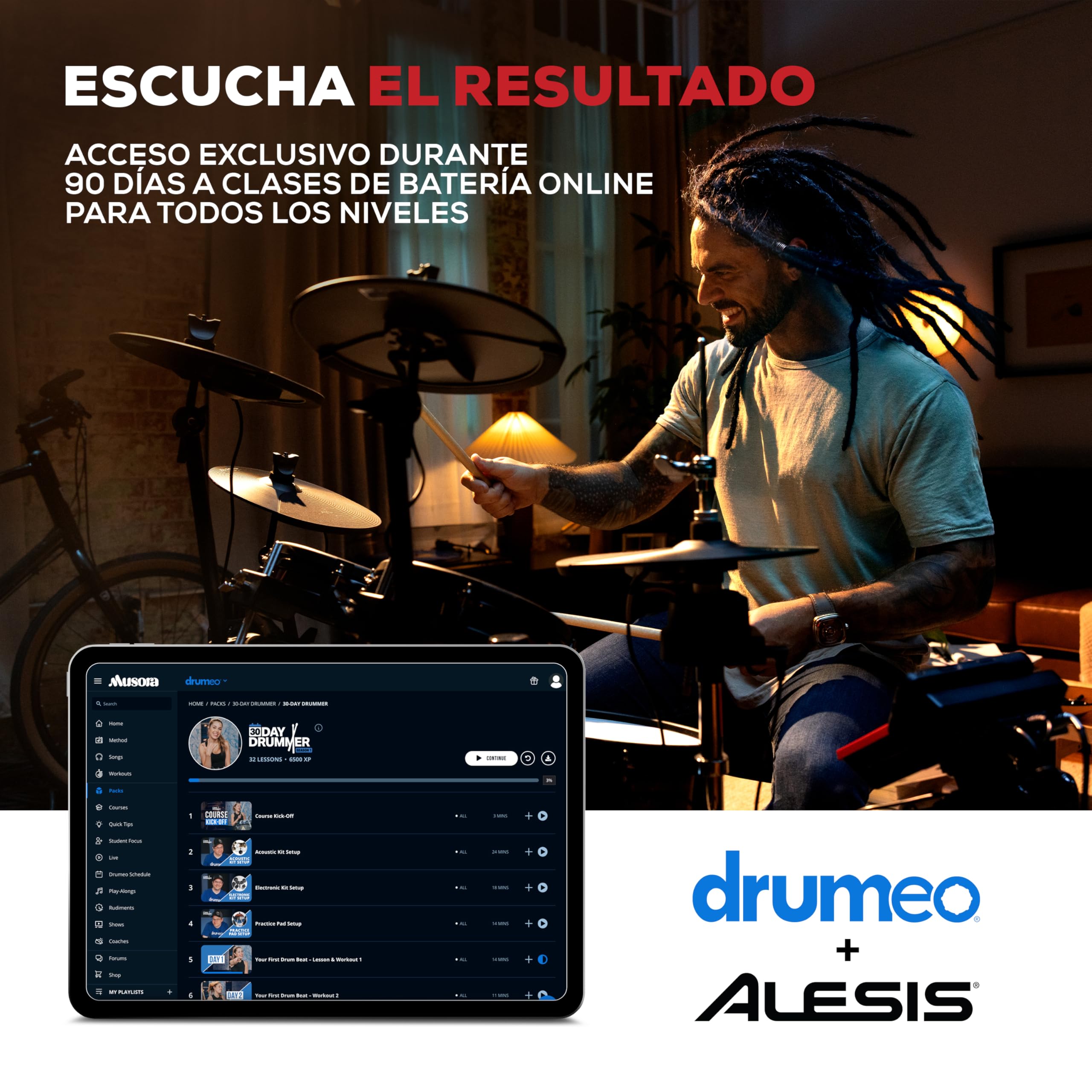 Alesis Nitro Ultimate Batería Electrónica con Pads de Malla de Doble Zona, Hi-Hat Independiente, 640 Sonidos BFD Auténticos y 52 kits, Bluetooth, Drumeo, USB MIDI, Compatible con Doble Bombo | 52 kits, 640 sonidos Plus, audio Bluetooth, Hi-Hat montado en