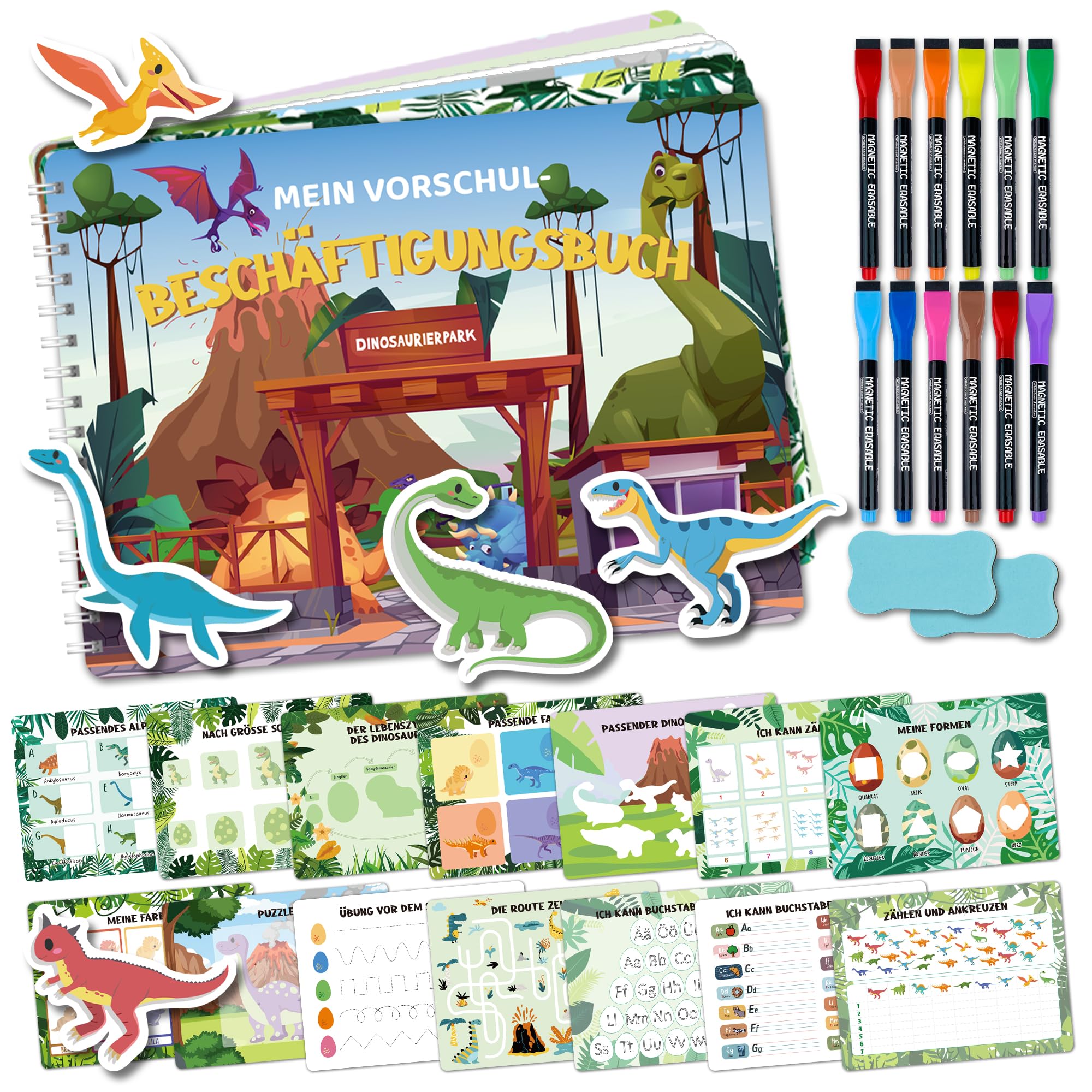 Busy Book from 3 Years, Montessori Toy, 25 Pages Dinosaur Busy Board, Children's Quiet Book with 101 Cards, 12 Markers & A4 Folders, Motor Skills Toy, Activity Board, Educational Games, Children's