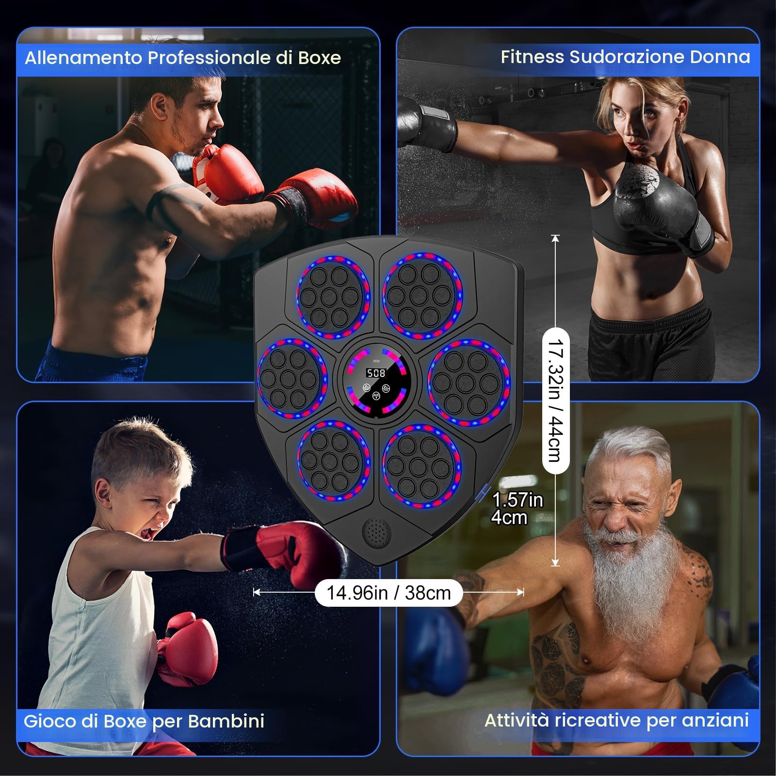 EagerMinds Music Boxing Machine, LED Macchina da Boxe Musicale con 9 velocità, 9 modalità di Allenamento, Conteggio Intelligente, modalità Bluetooth, Boxe Elettronico da Parete per Adulti e Bambini