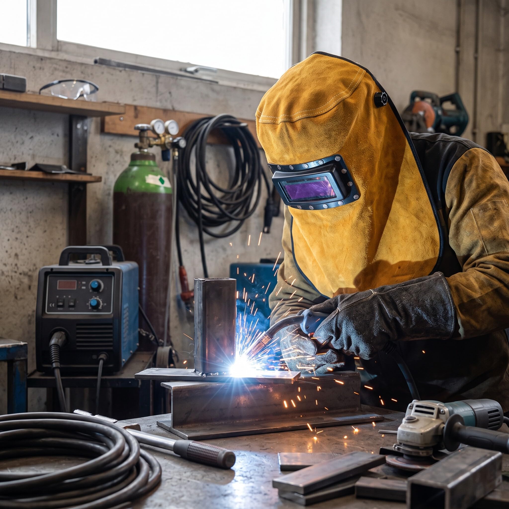 Casco de Soldadura de Cuero con Lente de Oscurecimiento Automático para Protección Facial y Cuello Pantalla de Soldador con Ajuste Rápido y Material Transpirable