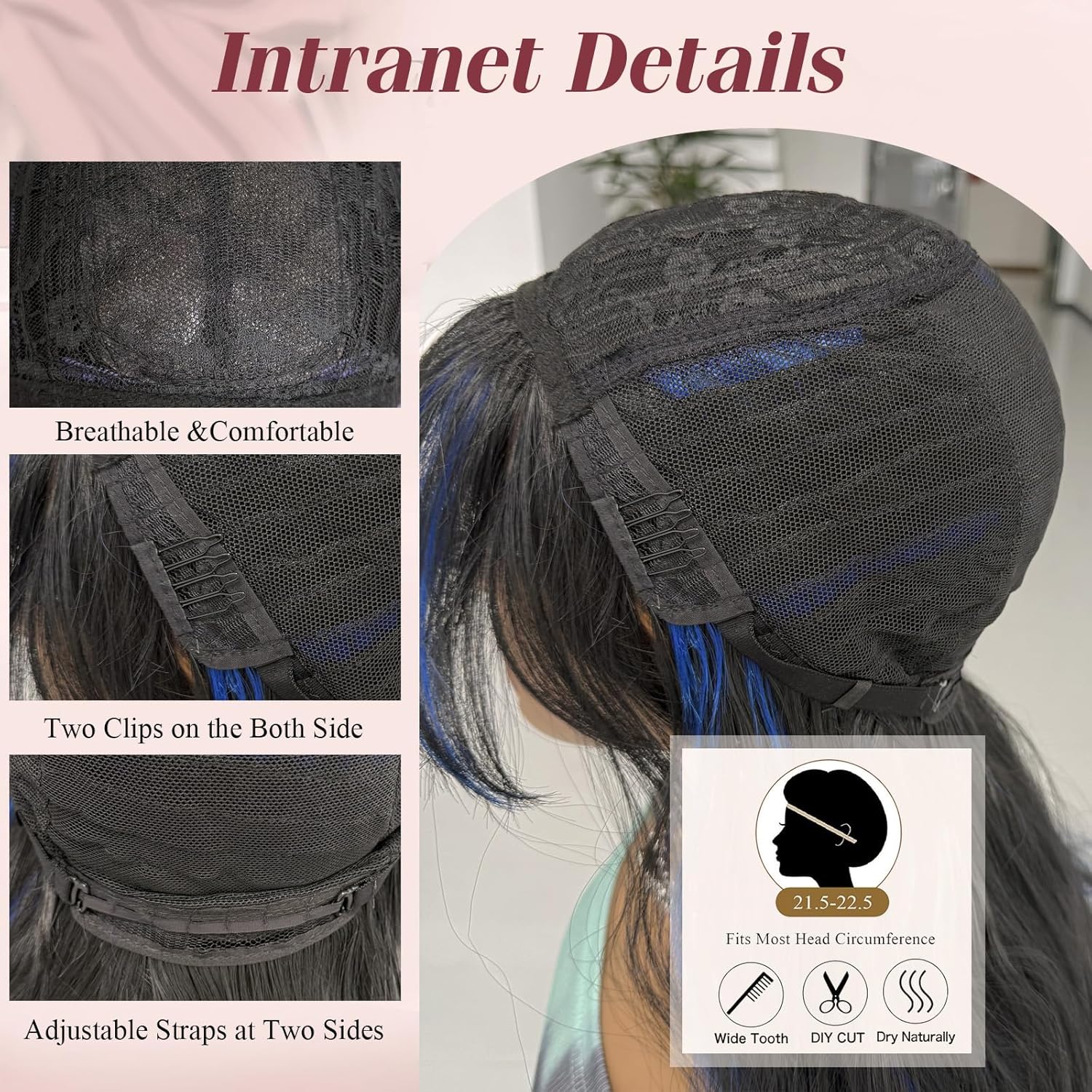 LEOSA Highlights Blue Wig with Curtain Bangs for Women Long Wavy Layered Wigs 26 Inch Natural Looking Heat Resistant Synthetic Wig for Halloween Cosplay Use,Black Mixed Blue with Highlight