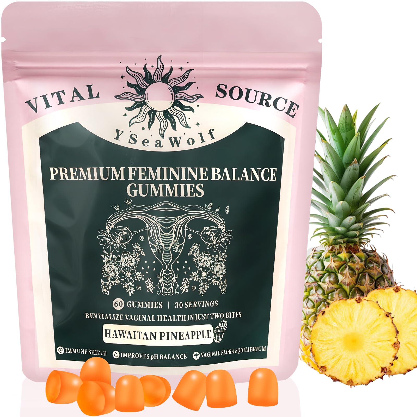Premium Feminine Balance Gummies for Women’s Health & Wellness, Ph Balance for Women, Immune Support Vegan Gluten Free Hawaiian Pineapple 60 Gummies 30 Servings
