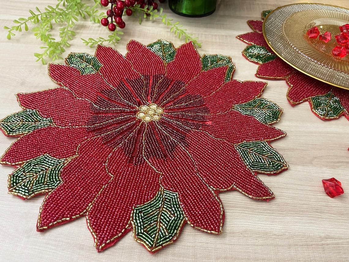 Enliven Christmas Poinsettia Beaded placemat, Gift for her, Christmas placemat | Set of 6