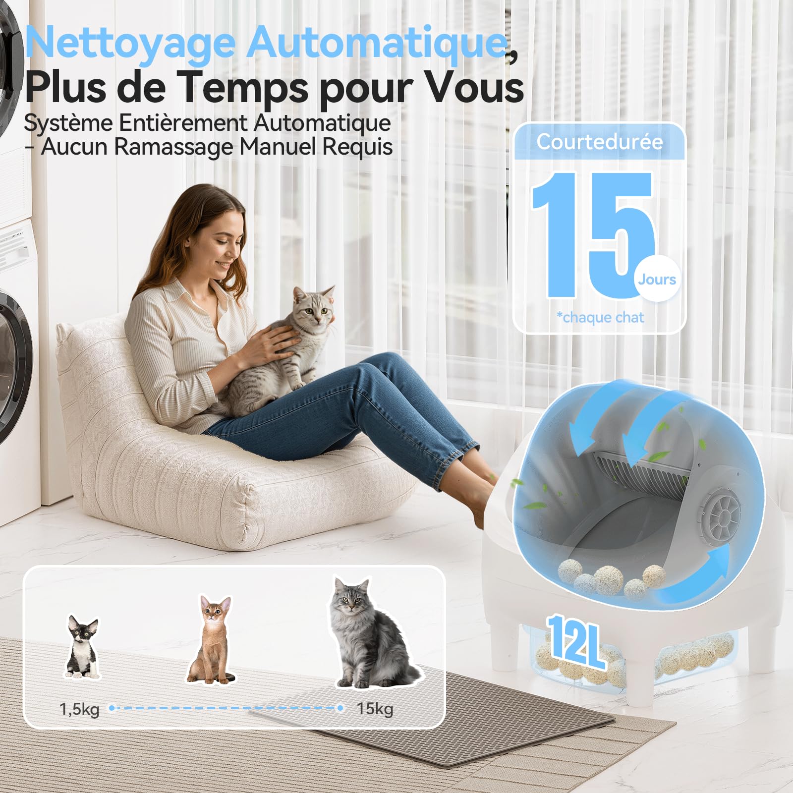 Lettiera Gatto Autopulente aperta, controllabile via APP. Formato XXL, dotata di serbatoio rifiuti da 12L per un ciclo di autopulizia di 15 giorni, Lettiera Autopulente per Gatti per più gatti.