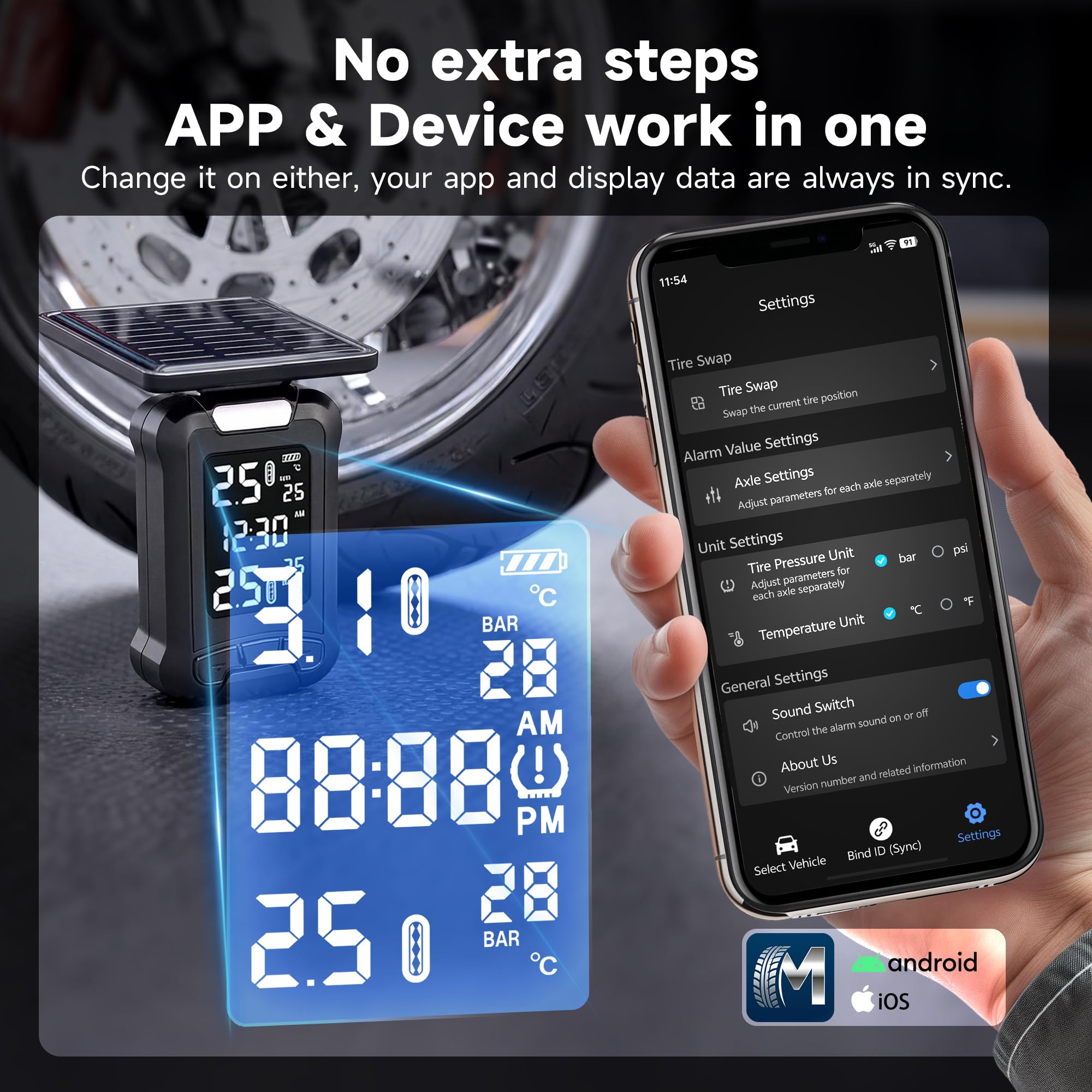 MOMAN Solar TPMS Motorrad Reifendruckkontrollsystem 2 Sensoren Bildschirm | IP67 wasserdicht & staubdicht, LCD-Display, kabellose Sensoren, Druck & Temperaturalarm, kompatibel mit iOS/Android