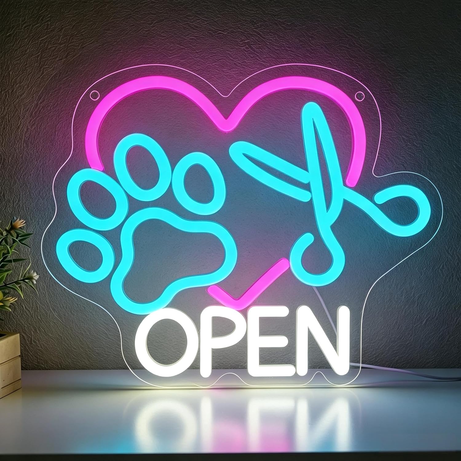 Pet Grooming Open Neon Sign, LED Light Up Business Sign, USB Powered Dimmable Neon Light, Cat and Dog Grooming Salon, Store and Shop Wall Decor, Gift for Pet Groomers Business Owners 10 x 9.5 In