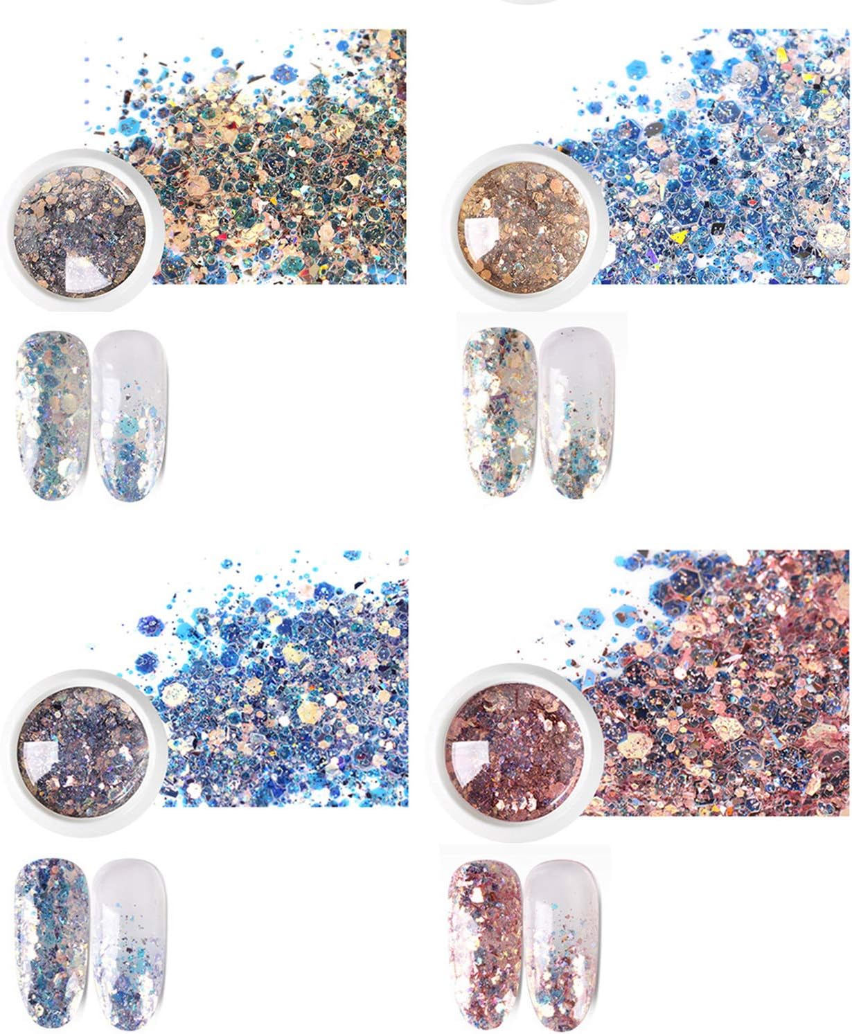 S.A.V.I 4 PCS. DIY Nail Art Gradient Glitter Magic Color Changing Laser Thin Sequins Mixed Mirror Hexagon Shape Mermaid Flakes Spangles Palette Craft Glitters Holographic Manicure (4 PCS-1)