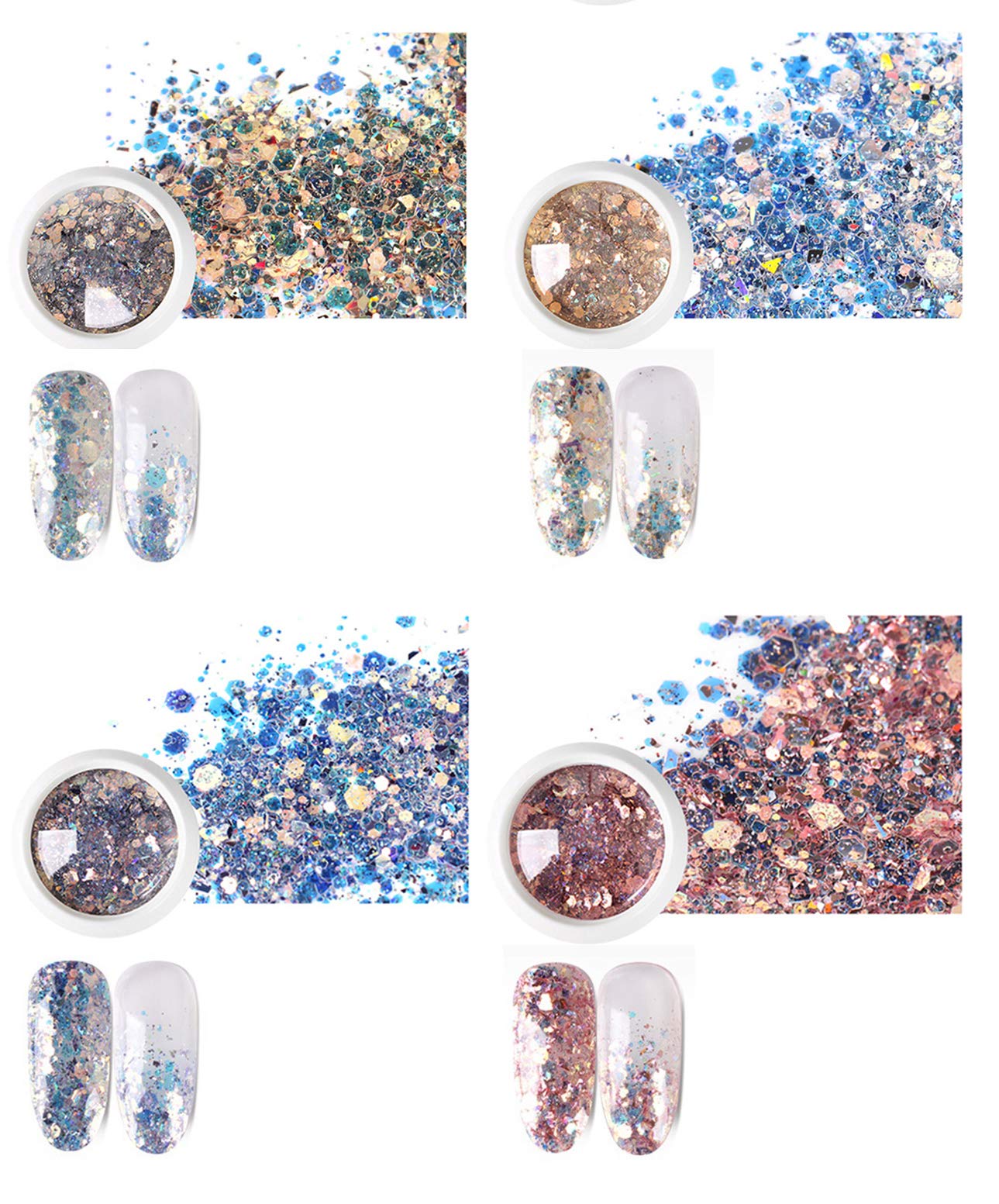 4 PCS. DIY Nail Art Gradient Glitter Magic Color Changing Laser Thin Sequins Mixed Mirror Hexagon Shape Mermaid Flakes Spangles Palette Craft Glitters Holographic Manicure (4 PCS-1)
