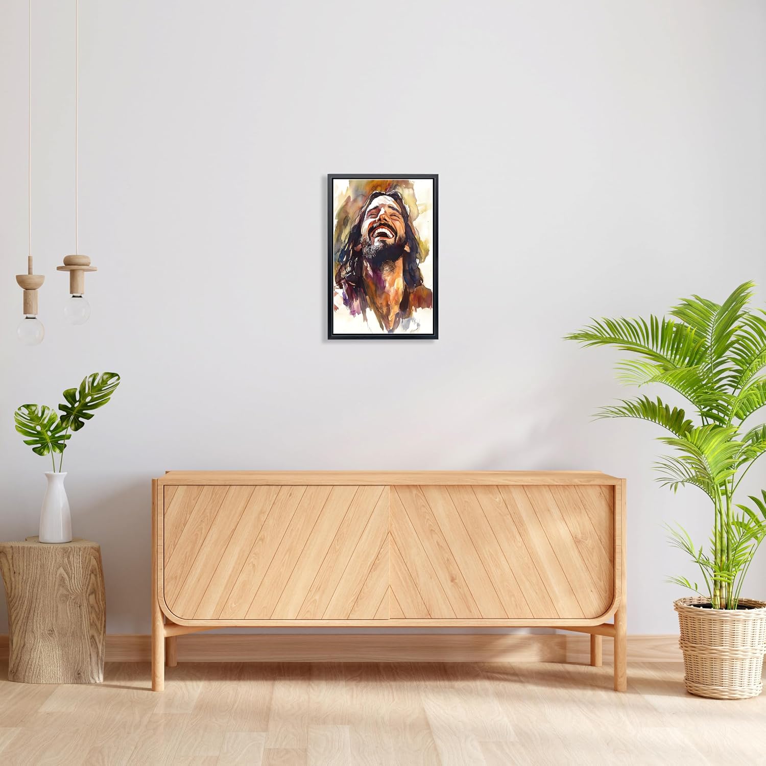 Aubeeba Jesus Wall Art Framed Laughing Jesus Poster Vintage Watercolor Canvas Pictures for Bedroom Christian Religious Wall Decor 12x16 inches