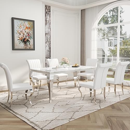 Miniatura 34 de Juego de mesa de comedor de 7 piezas para 6, juego de mesa de comedor de mármol sintético con mesa de comedor de mármol de 70 pulgadas y 6 sillas de