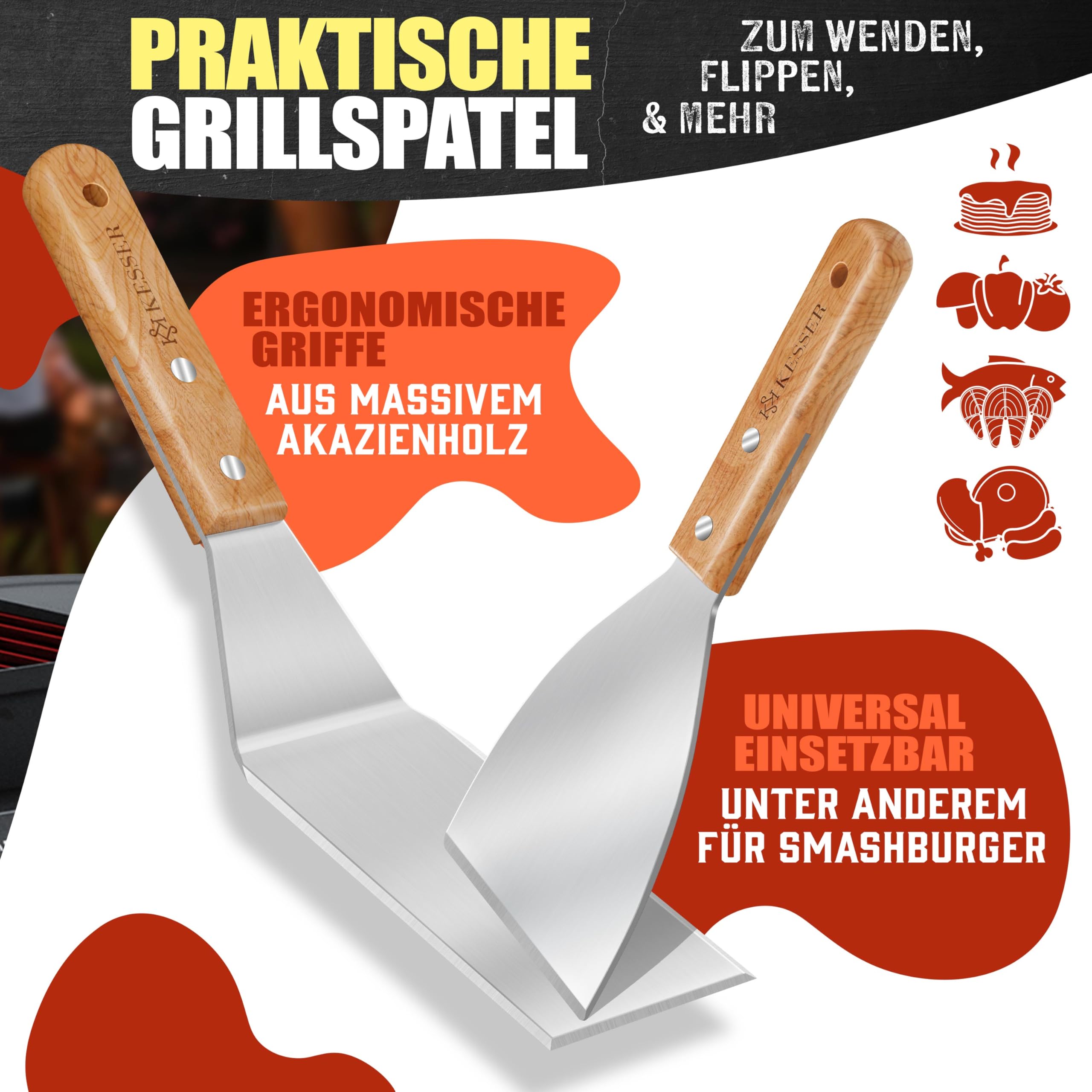 KESSER® Grillplatte Plancha aus Edelstahl 40x30cm rostfrei mit Fettablauf, hitzebeständig bis 800°C & Spülmaschinenfest für Gas & Holzkohlegrill inkl. 2 Spatel, Grillschürze, Grillmatte & Rezeptbuch