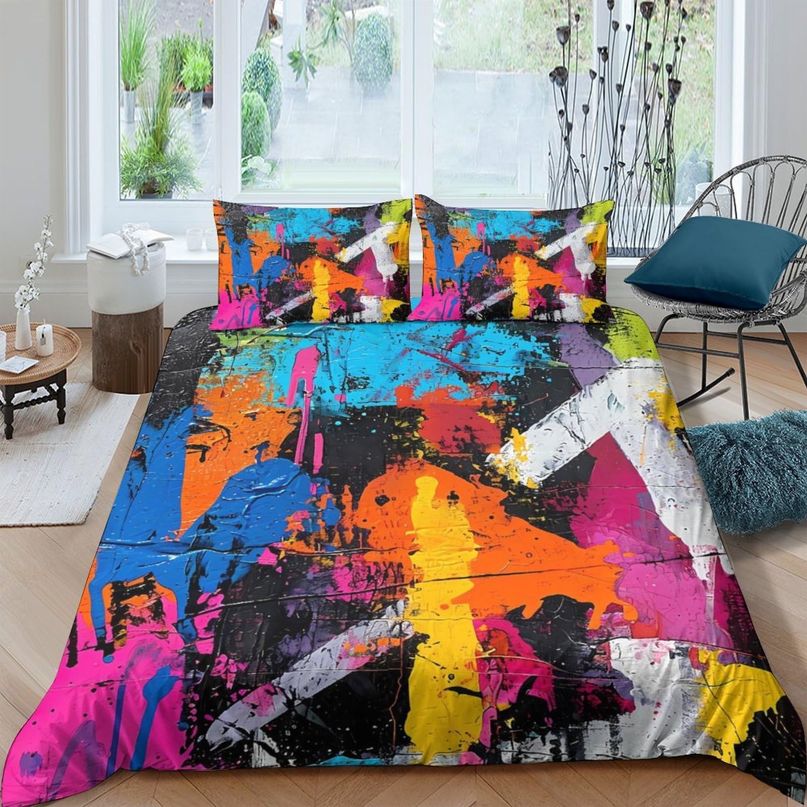 Ctjqhvkz Style-4 3D Printed Graffiti Art Fitted Sheet Microfiber Vibrant Abstract Splash Mattress Cover For Bedroom Dorm Decor Single（135X200cm）