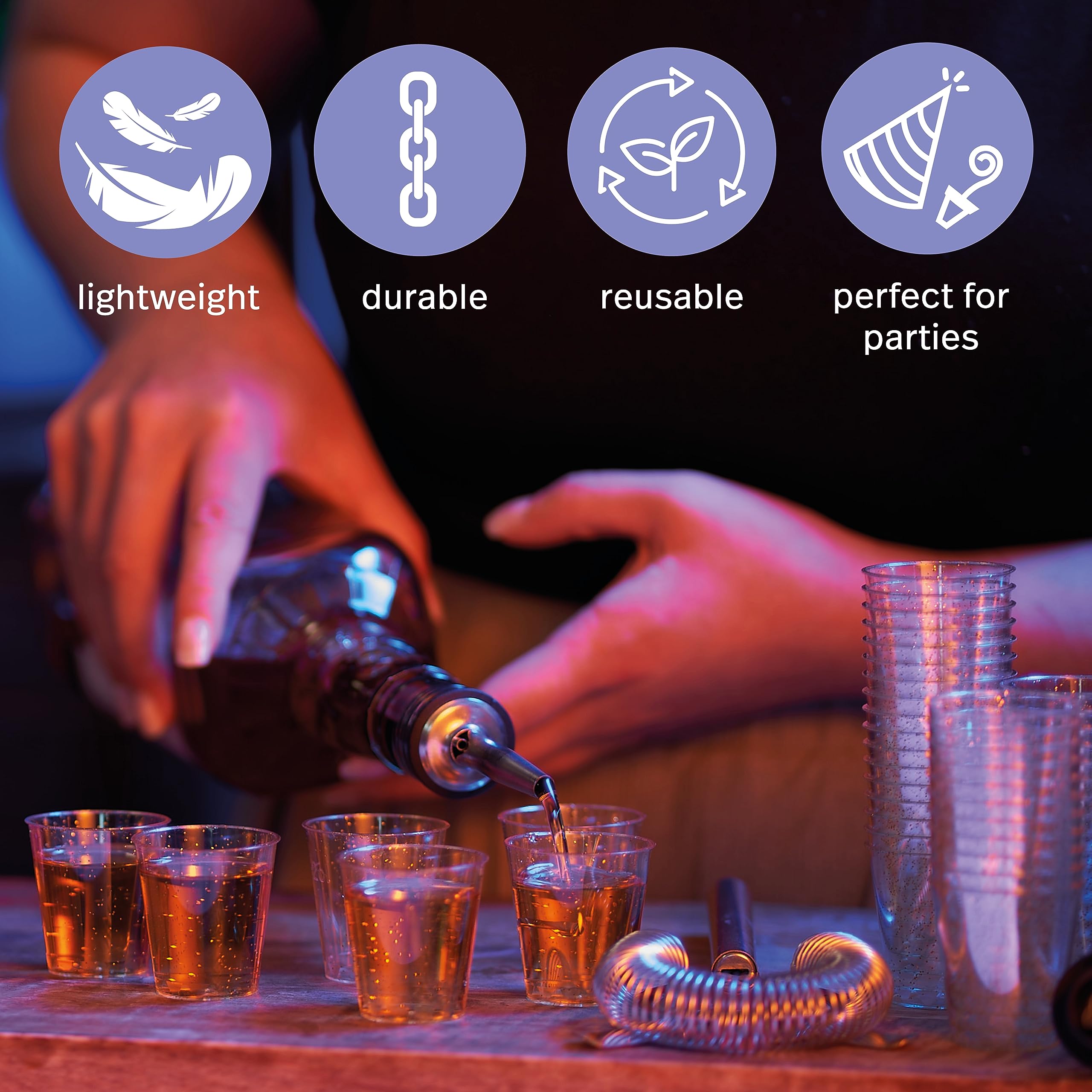 MATANA 300 Wielokrotnego Użytku Przezroczyste Plastikowe Kieliszki do Wódki z Brokatem w Kolorze Złota, 30ml - Kieliszki do Wódki na Urodziny, Wesela, Grille, Imprezy