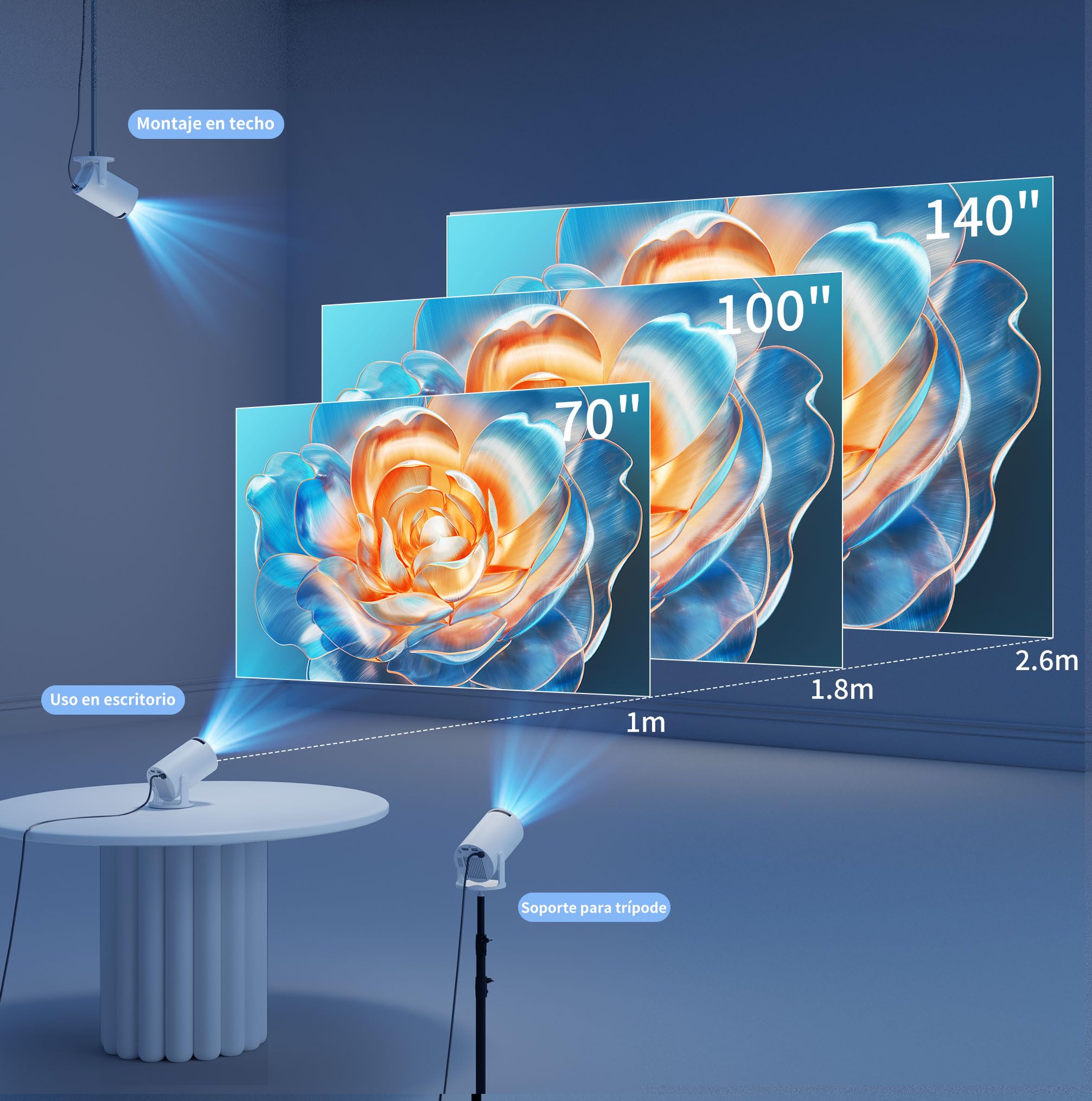Proyector Portátil con Android TV, Yoton 1080P Soporte Mini Proyector con WiFi 6 Bluetooth 5.4, 18000L Auto Keystone 50% Zoom 180° Rotation Projector Cine Compatibile con Móviles/PC/Xbox/USB/HDMI