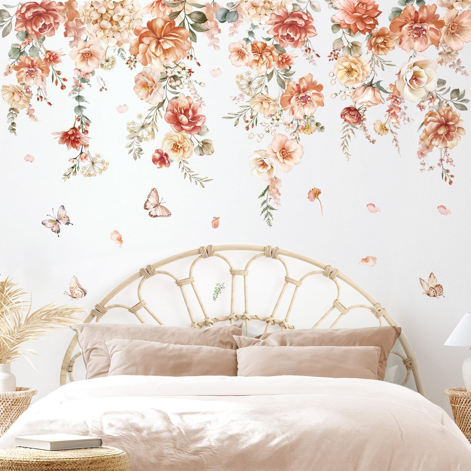 Decalmile Boho Flower Wall Decals - Hanging Vine Floral Leaves Wall Art Stickers for Bedroom, Living Room, Sofa, TV Background