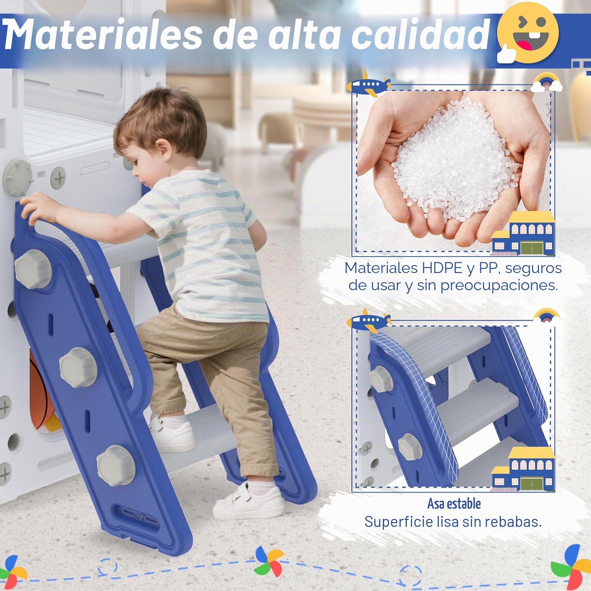 Froadp Tobogán infantil 6 en 1 para niños pequeños a partir de 1 año, interior y exterior, tobogán independiente de HDPE y PP, con columpio, escalera de escalada, espacio de almacenamiento, canasta de