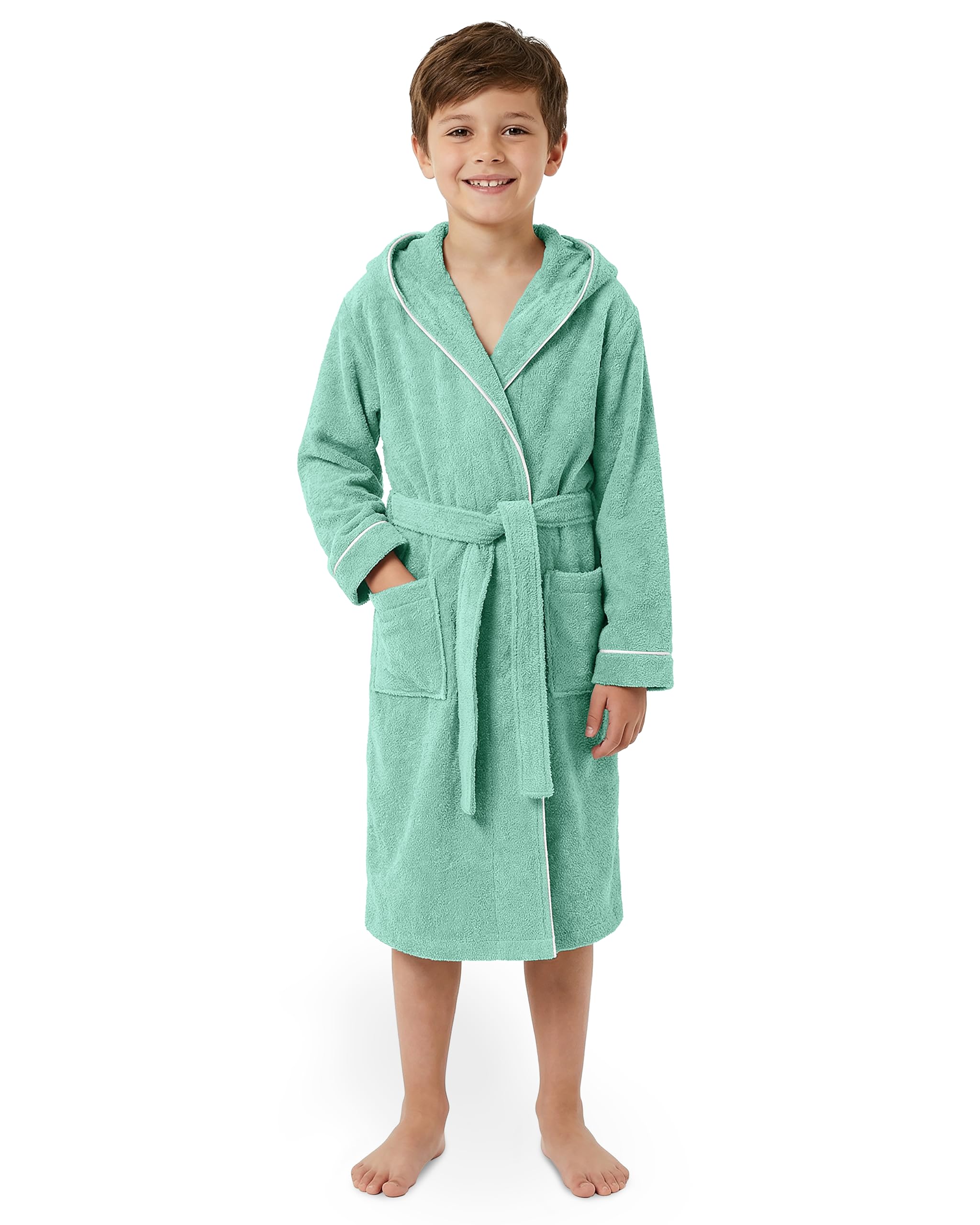 LAYNENBURG Premium Bademantel Kinder & Teenager mit Kapuze - 100% Baumwolle - OEKO TEX Standard 100 - flauschiges Frottee - Größe (134/140, Türkis)