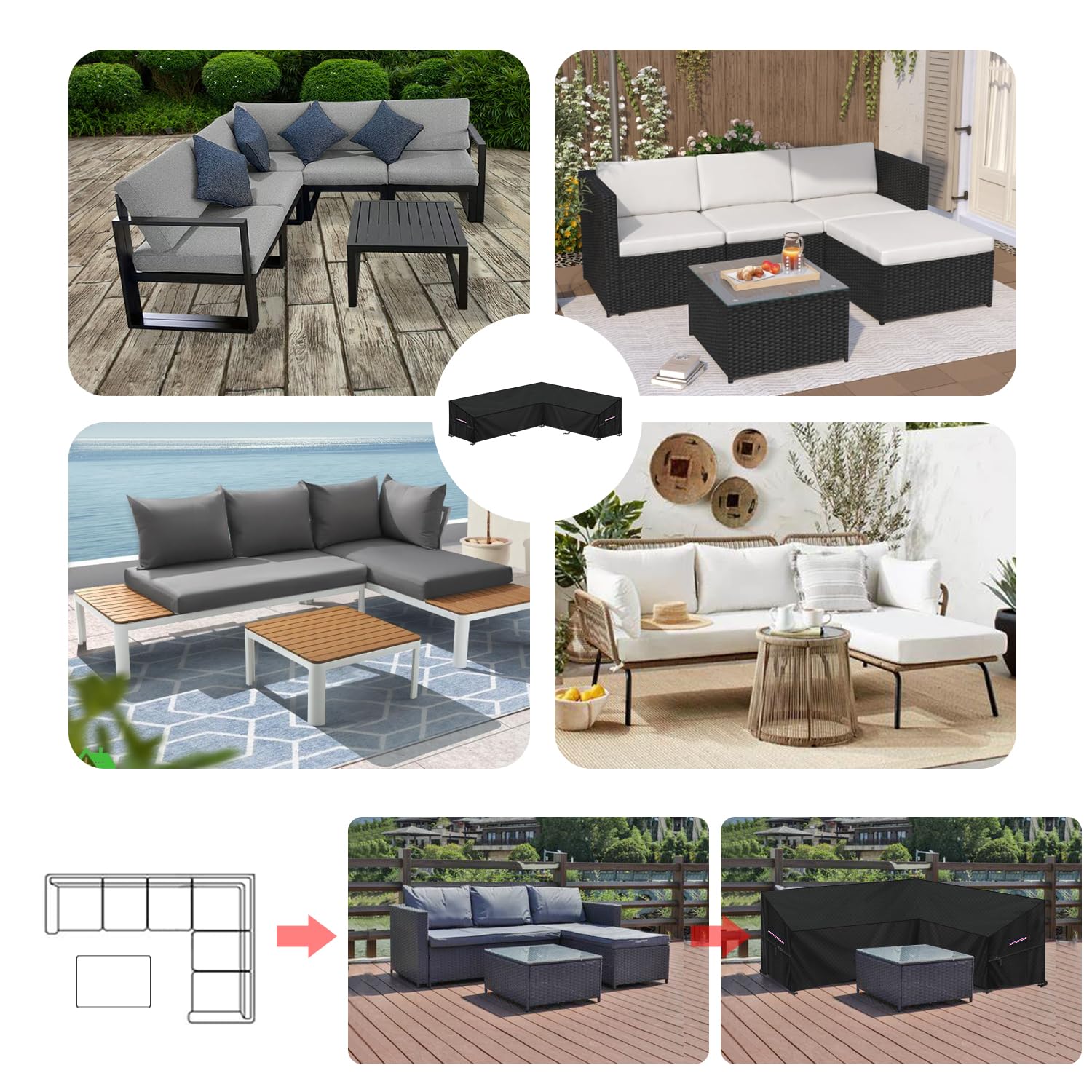LAMUNI Housse Canapé D'angle Extérieur Bâche de Protection Salon de Jardin en L-Forme Housse de Meubles Imperméable Housses de Canapé de Jardin en 420D Tissu Oxford Étanche, 220x150x80x80/60cm
