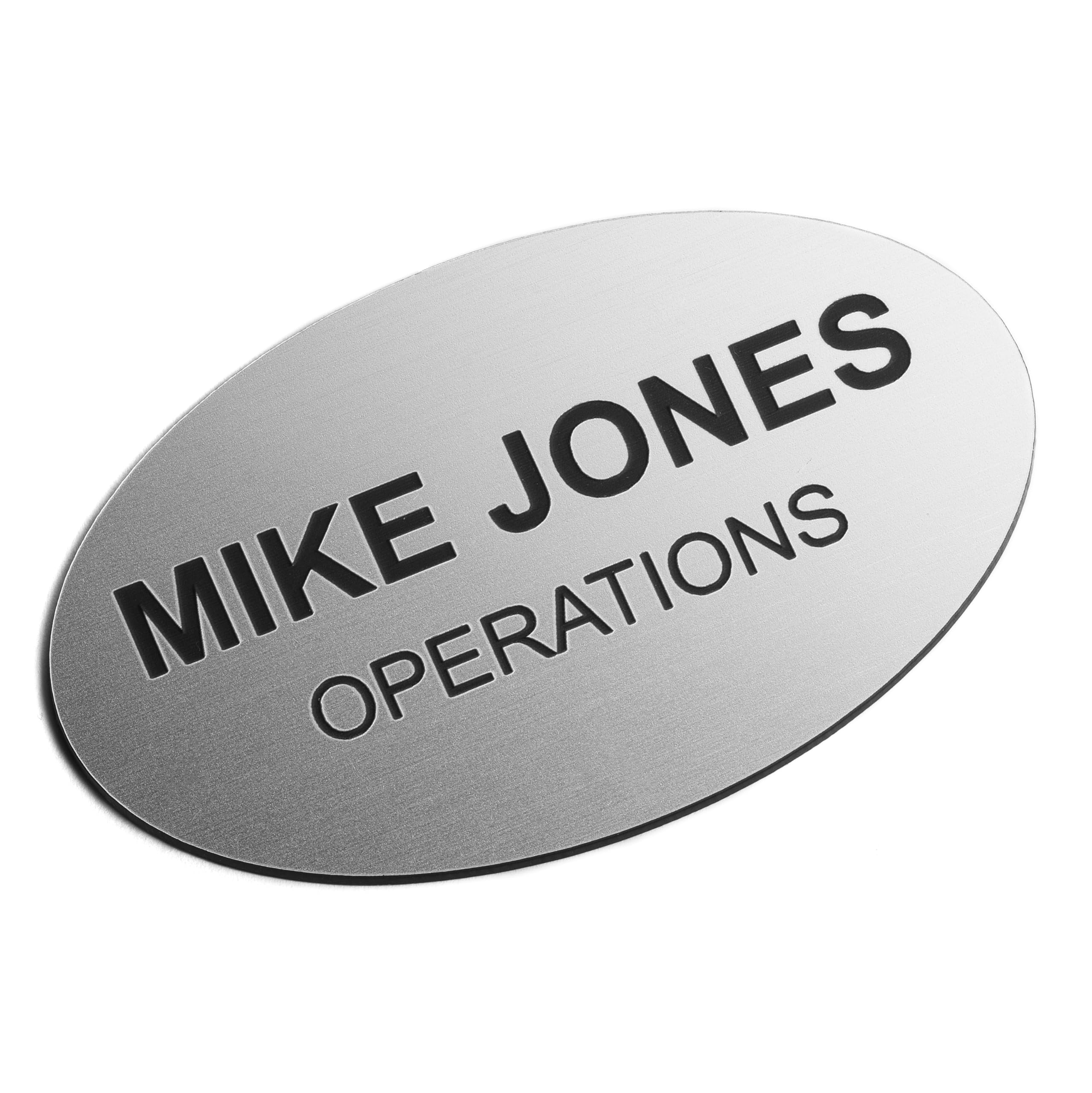 Custom Engraved Name Tag Badges – Personalized Identification with Pin or Magnetic Backing, 3.2 Inch Oval, Radiant Silver/Black