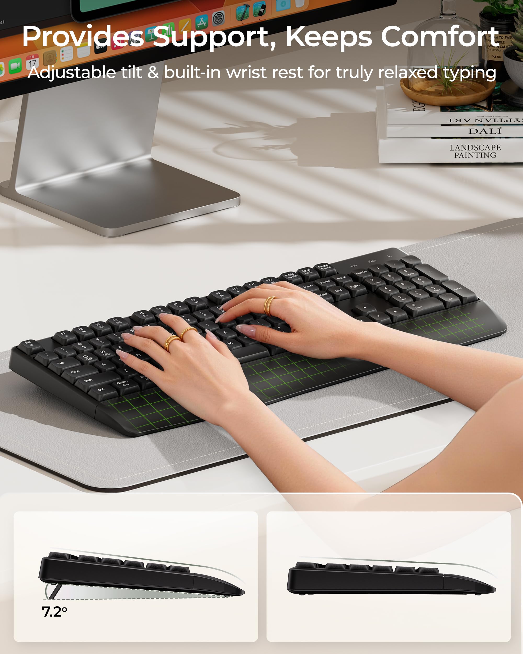 seenda Bluetooth Wireless Keyboard, Wireless Ergonomic Keyboard with Wrist Rest, Multi-Device Bluetooth Keyboard with Number Pad, Full-Size Keyboard for Laptop/MacBook/Mac/Windows, Black — view 4