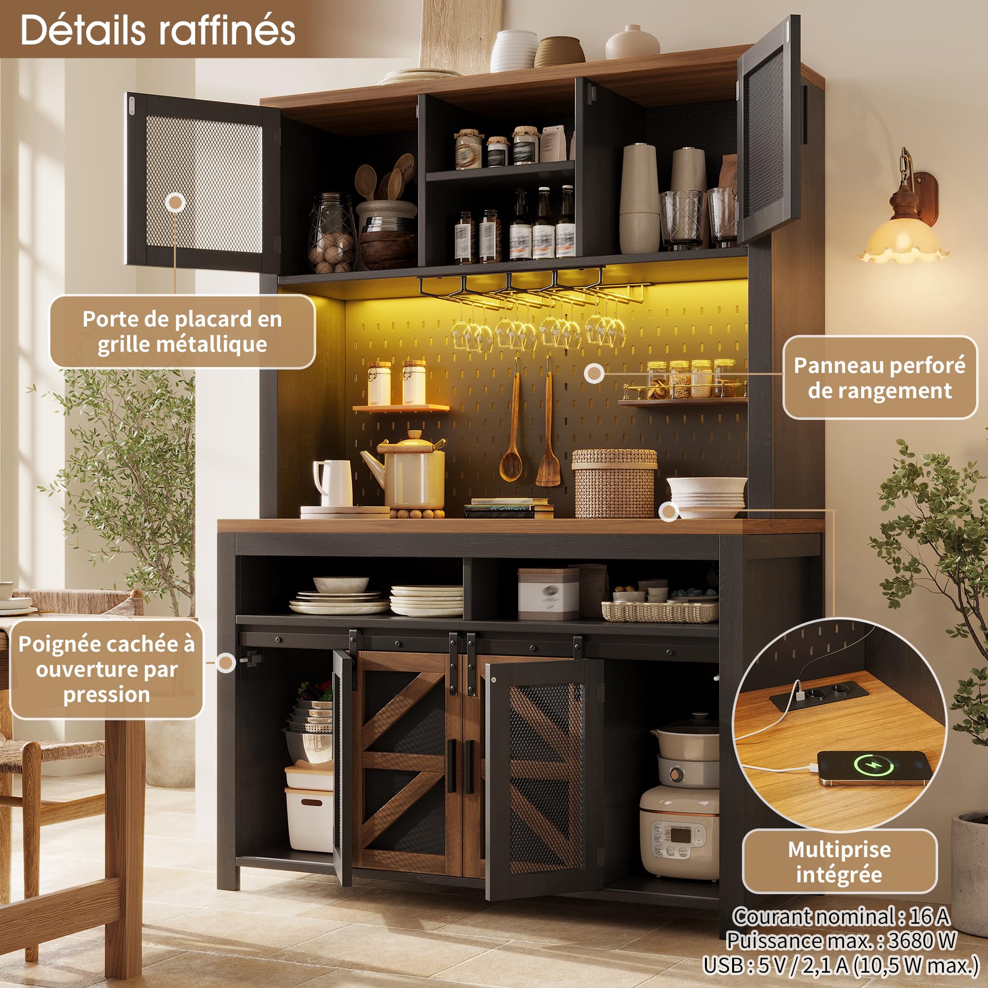 Buffet de Cuisine Haut 174,5 cm avec Plan de Travail, LED RGB, USB et Prise Intégrée, Panneau Perforé, Portes Coulissantes et Rangements Multifonctions, Noir-1