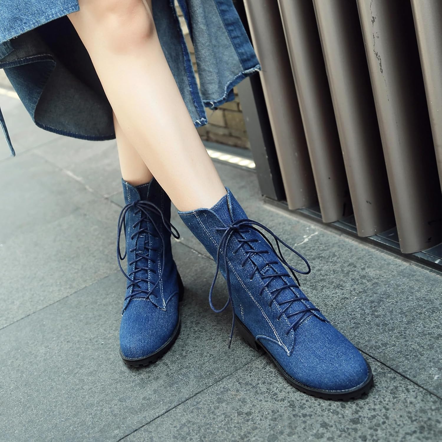 Optigard Women's Lace-up Denim Ankle Boots,Plush Round Toe Causal Non-slip Low Heel Mid-Calf Dress Boots