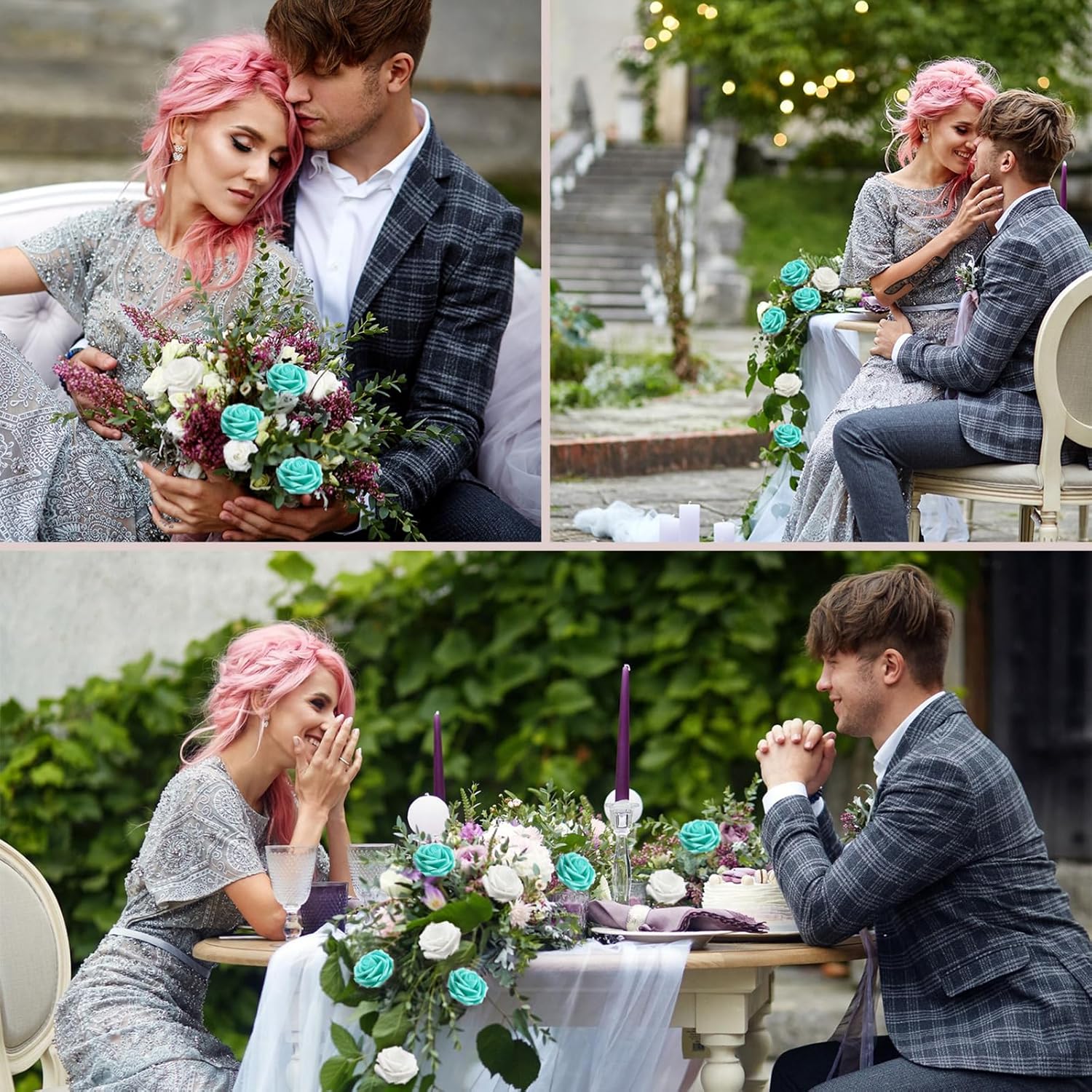 Artificial Flowers Blue Roses Real Looking Foam Fake Roses with Leaves and for DIY Wedding Bouquets Bridal Shower Centerpieces Party Decorations (100, Light Turquoise Blue)