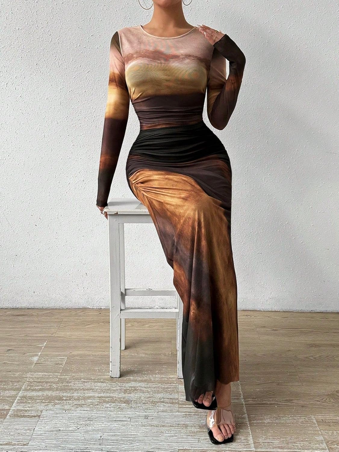 LIGHT DOT Women's Printed Bodycon Maxi Dress Long Sleeve Tie Dye Mesh Ruched Cocktail Dress - Image 7