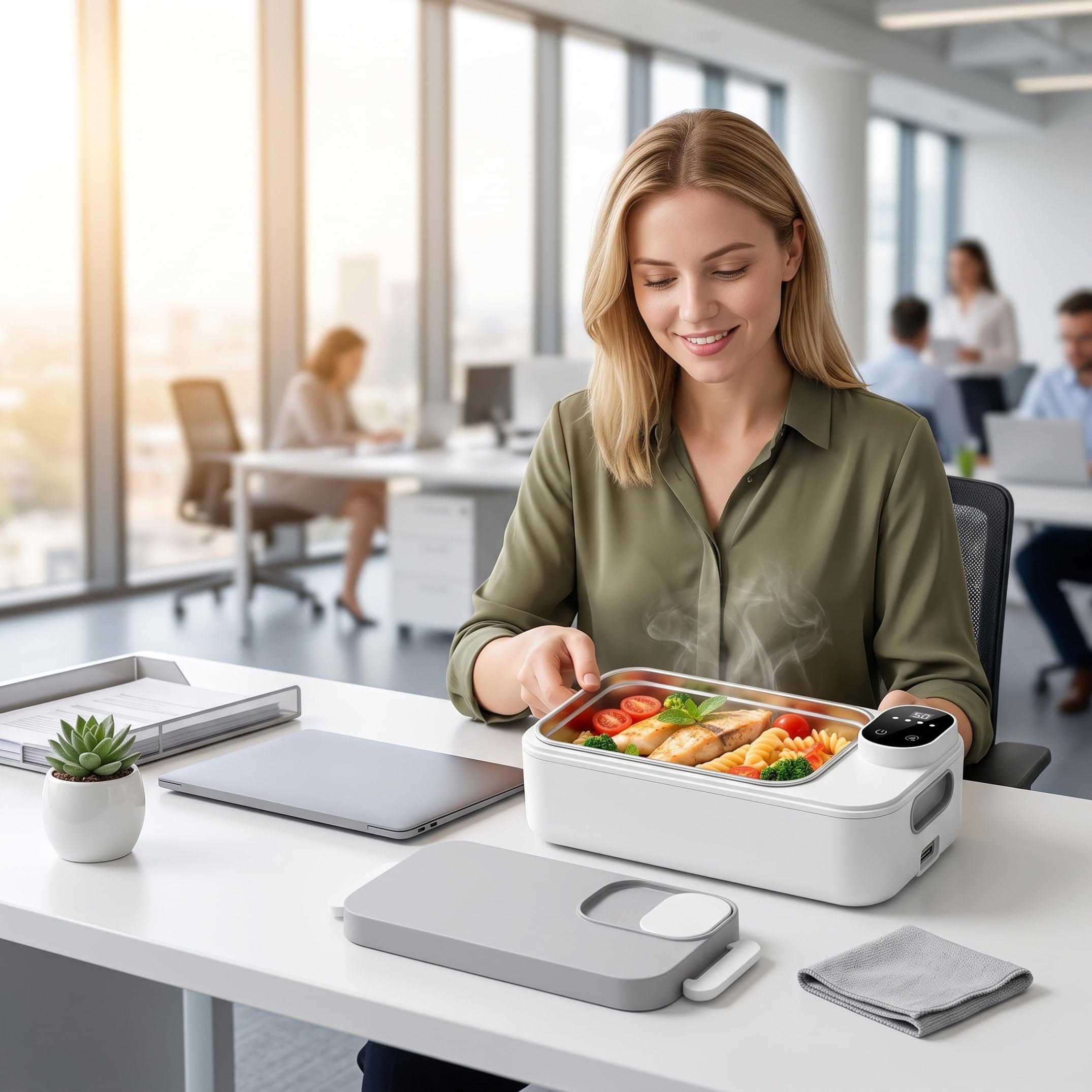 Fiambrera eléctrica portátil, 4 configuraciones de temperatura Calentador de almuerzo eléctrico Recargable Sin agua Sin enchufe Calentador de alimentos portátil a prueba de fugas Gris