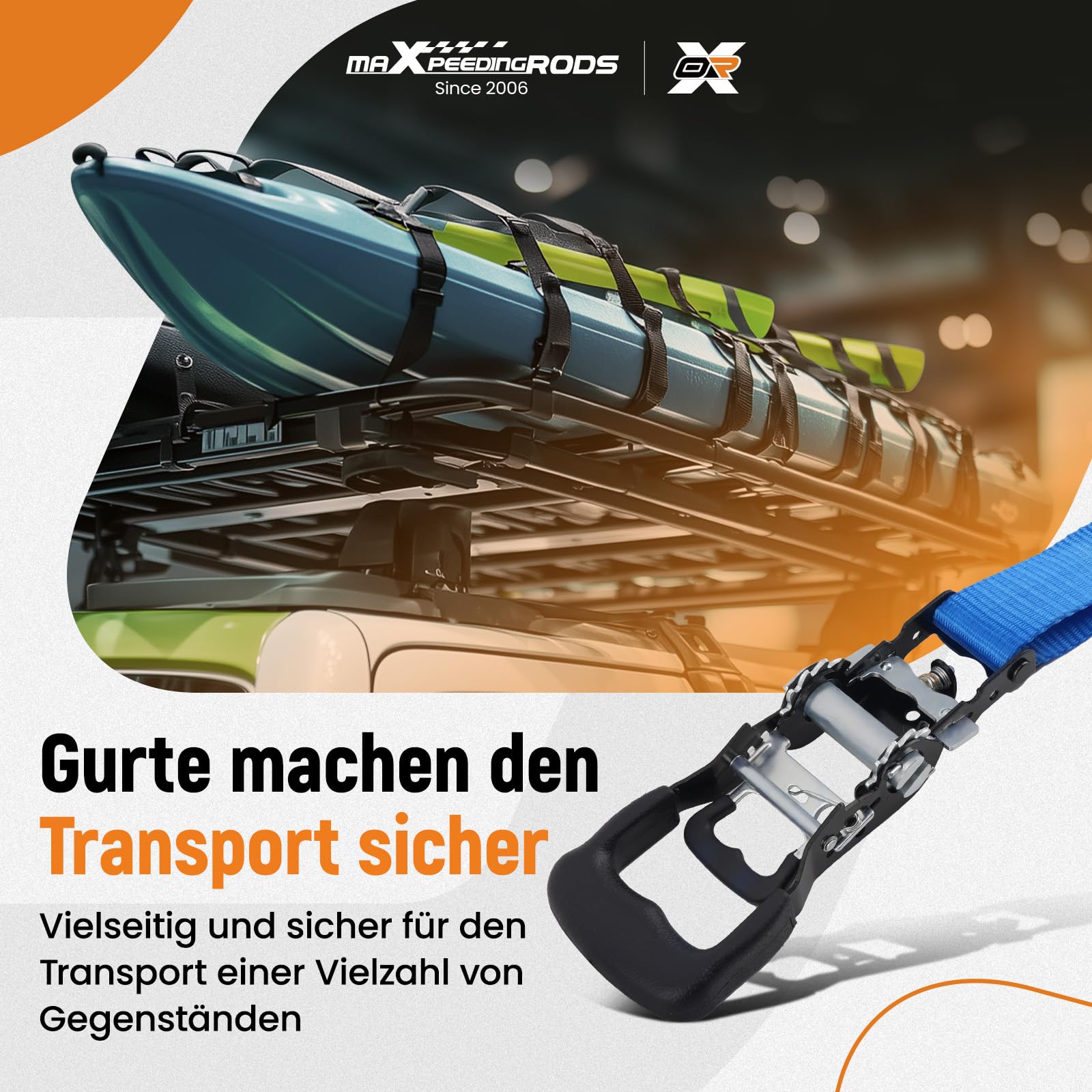 maXpeedingrods Spanngurte Ratschen Zurrgurte Set 4-teilig 2362kg | mit Soft Loops & S-Haken, 2.4m x 4cm inkl. Tasche& Handschuhe – für Motorrad, ATV, Auto, LKW, Transport - Blau